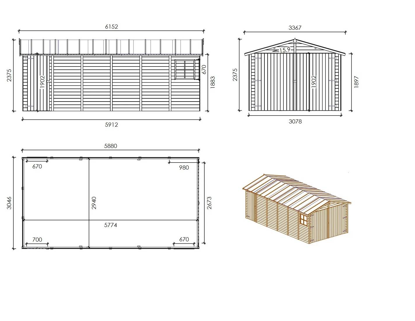 Altanka - Garage en bois - 18.19m2 - 3.05x5.91m - Ep. 18mm - couleur: naturel - GAR29 - ALTANKA - Image 2