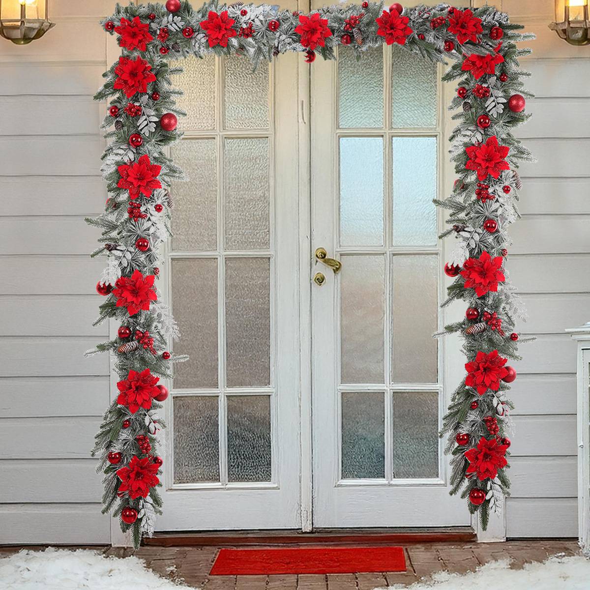 Couronne de Noël suspendue de 1,5 m, imitation sapin avec baies rouges, cannes floquées, décoration de Noël, lumière chaude - Image 8