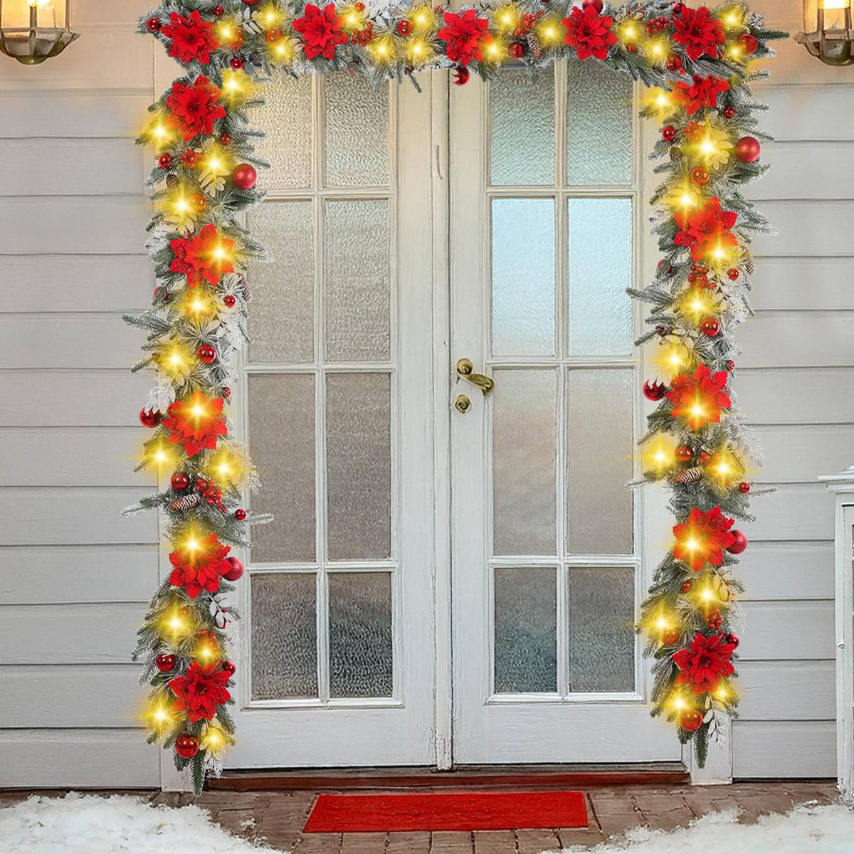 Couronne de Noël suspendue de 1,5 m, imitation sapin avec baies rouges, cannes floquées, décoration de Noël, lumière chaude - Image 3