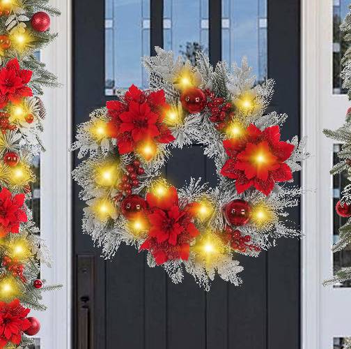 Couronne de Noël suspendue de 1,5 m, imitation sapin avec baies rouges, cannes floquées, décoration de Noël, lumière chaude - Image 1