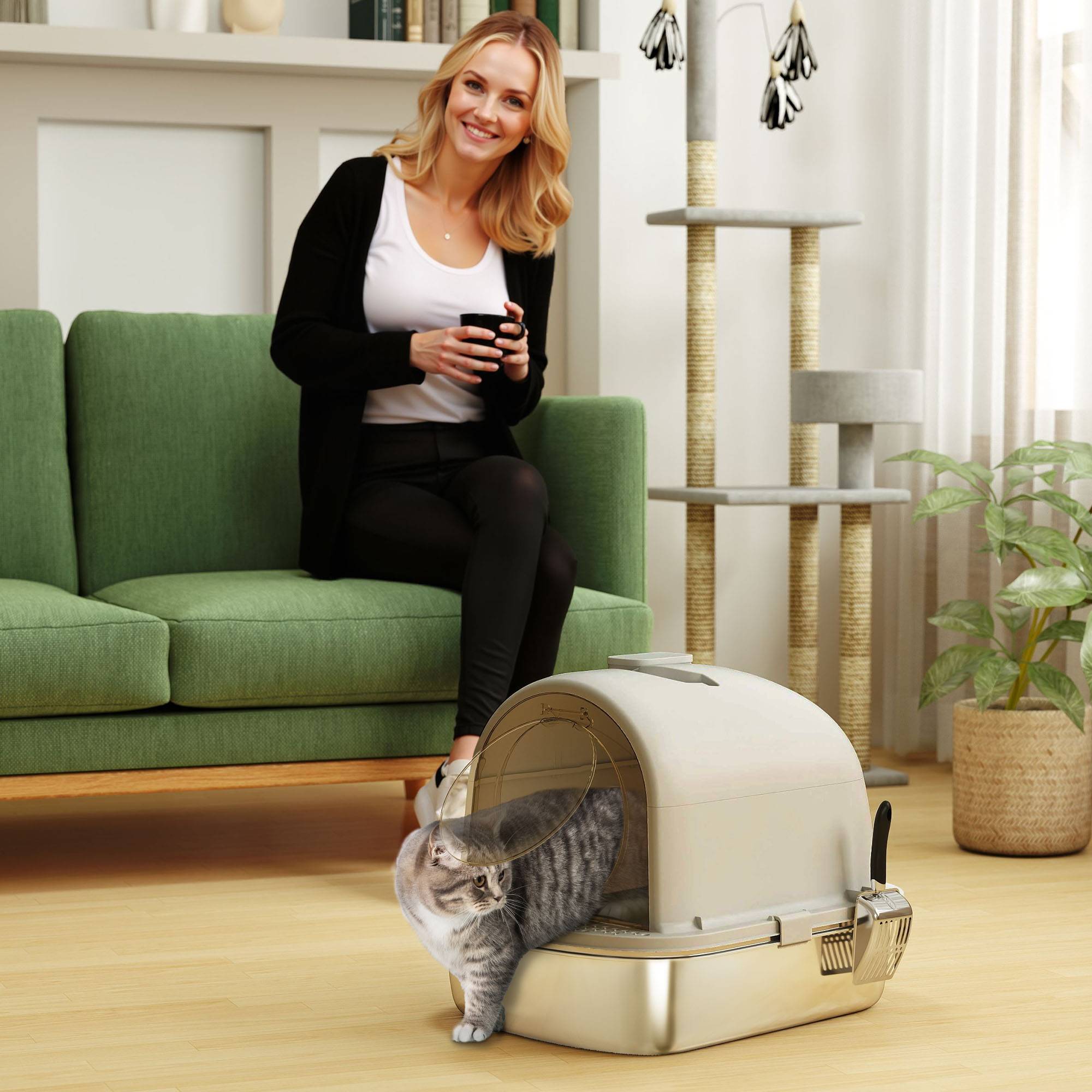 Bac à litière pour chat en acier inoxydable avec couvercle, sac désodorisant, pelle, facile à nettoyer, 52,4 x 41,3 x 39,9 cm, gris - Image 4