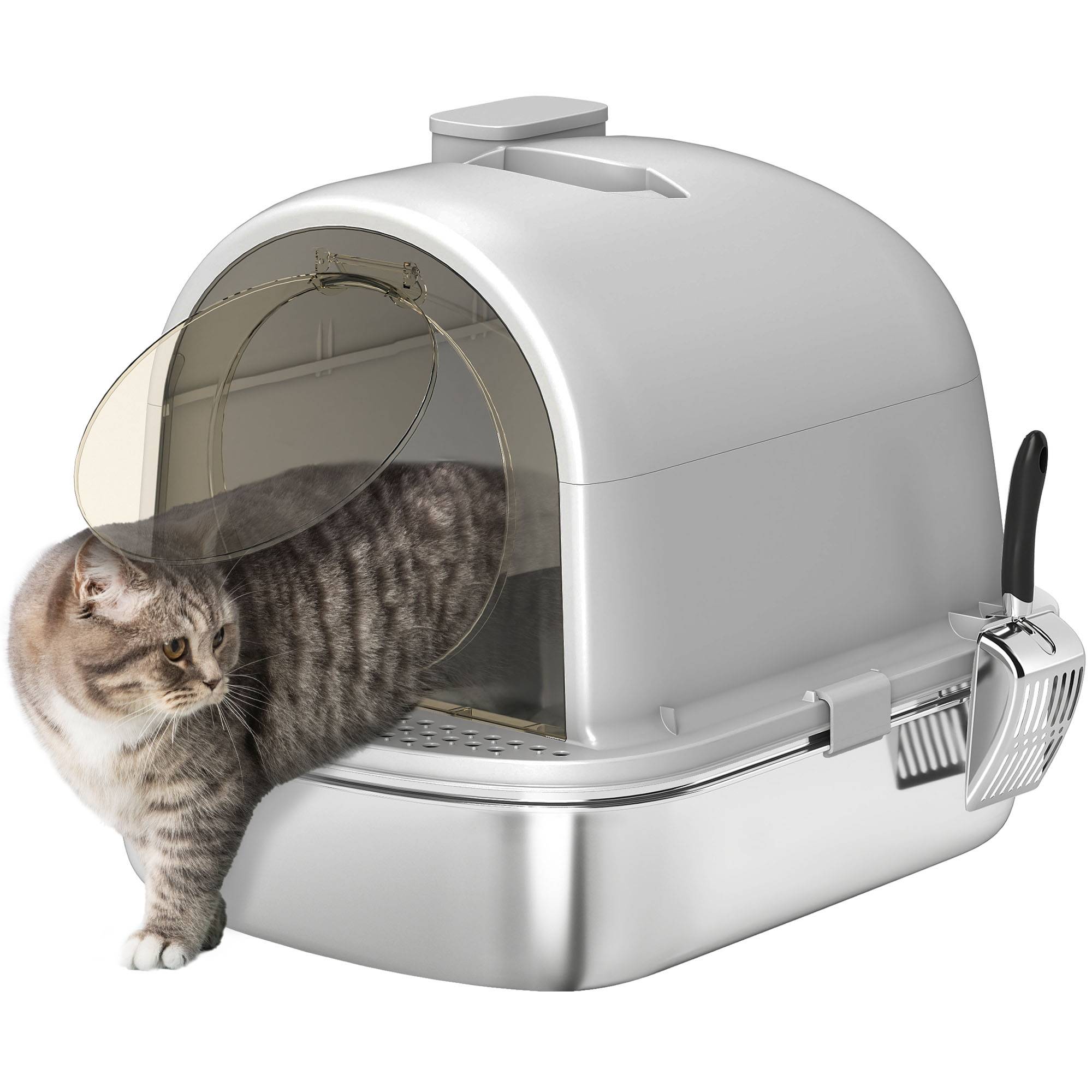 Bac à litière pour chat en acier inoxydable avec couvercle, sac désodorisant, pelle, facile à nettoyer, 52,4 x 41,3 x 39,9 cm, gris - Image 1