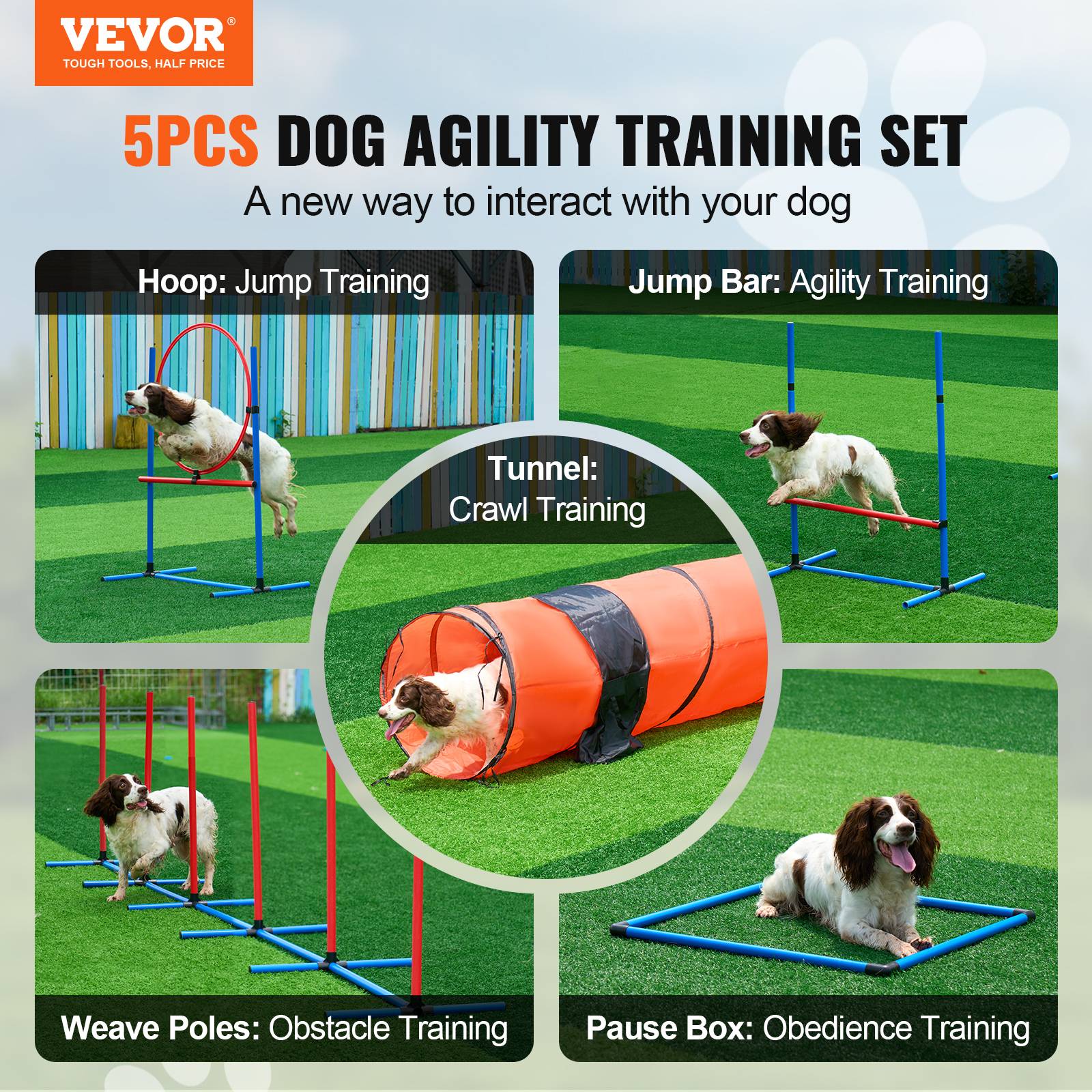 VEVOR Équipements agilité chien, 5 pièces, haies, 6 poteaux, tunnel. Anneau saut, sifflet. - Image 2
