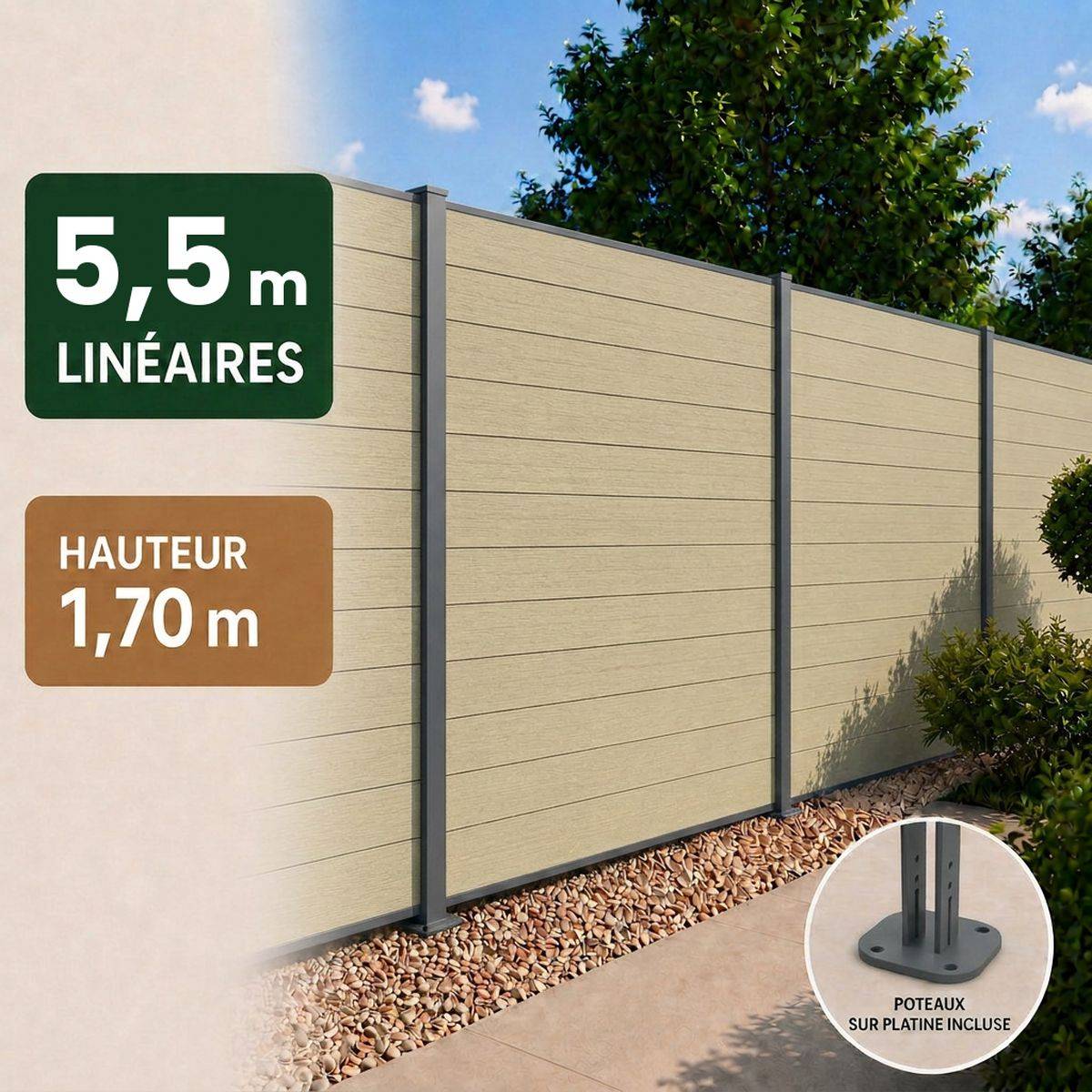 Direct Abris - Kit clôture RECIFE Bois Composite sable 5,47m poteau 60x70mm gris sur platines 1,7m - Image 1