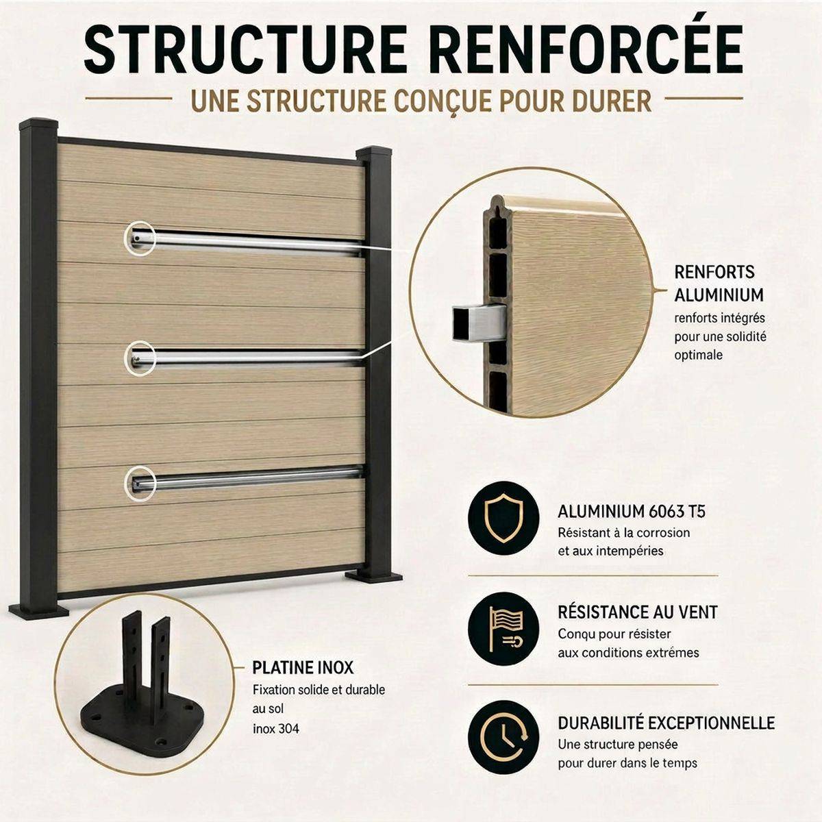 Direct Abris - Kit clôture RECIFE Bois Composite sable 5,47m poteau 60x70mm gris sur platines 1,7m - Image 4