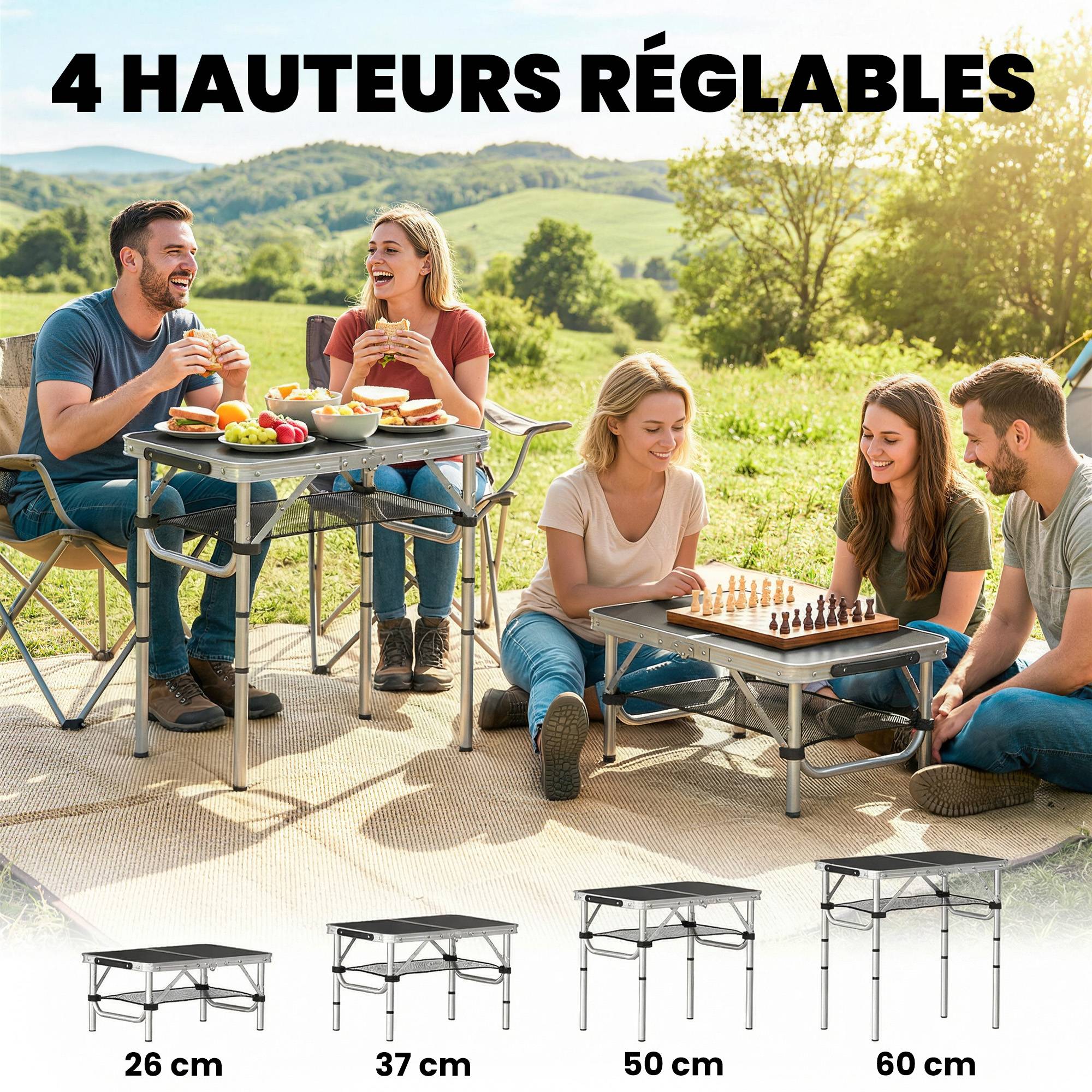 Table pliante aluminium, table de camping pliante, poignée 4 hauteurs réglables avec Rangement 60x40x60cm, blanc - Image 7