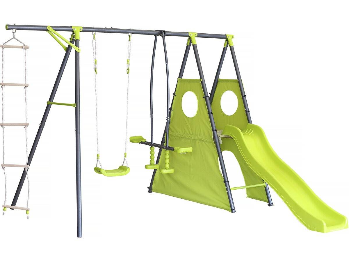 Portique De Jeu Métal Avec Toboggan "dany"- 5 Agrès - Vert -habitat Et Jardin - Image 1
