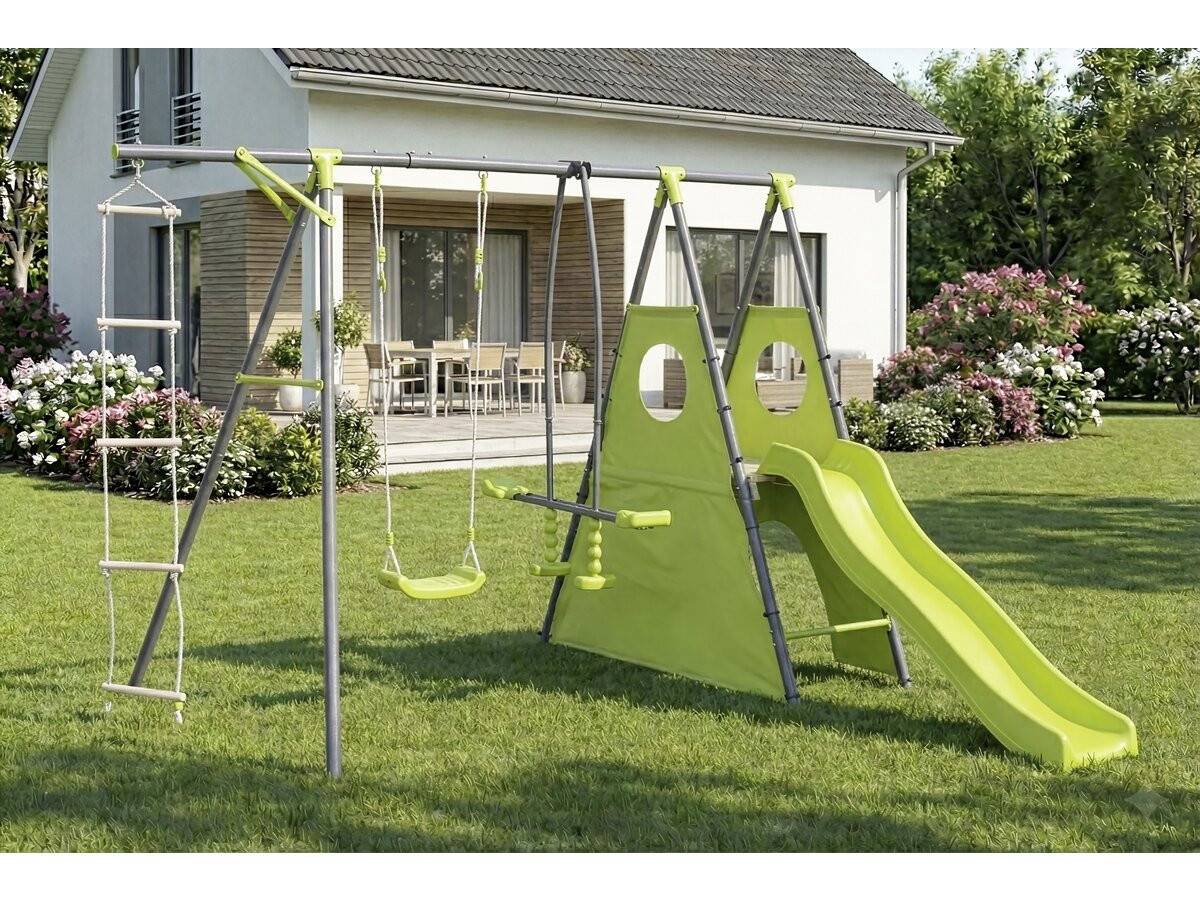 Portique De Jeu Métal Avec Toboggan "dany"- 5 Agrès - Vert -habitat Et Jardin - Image 2