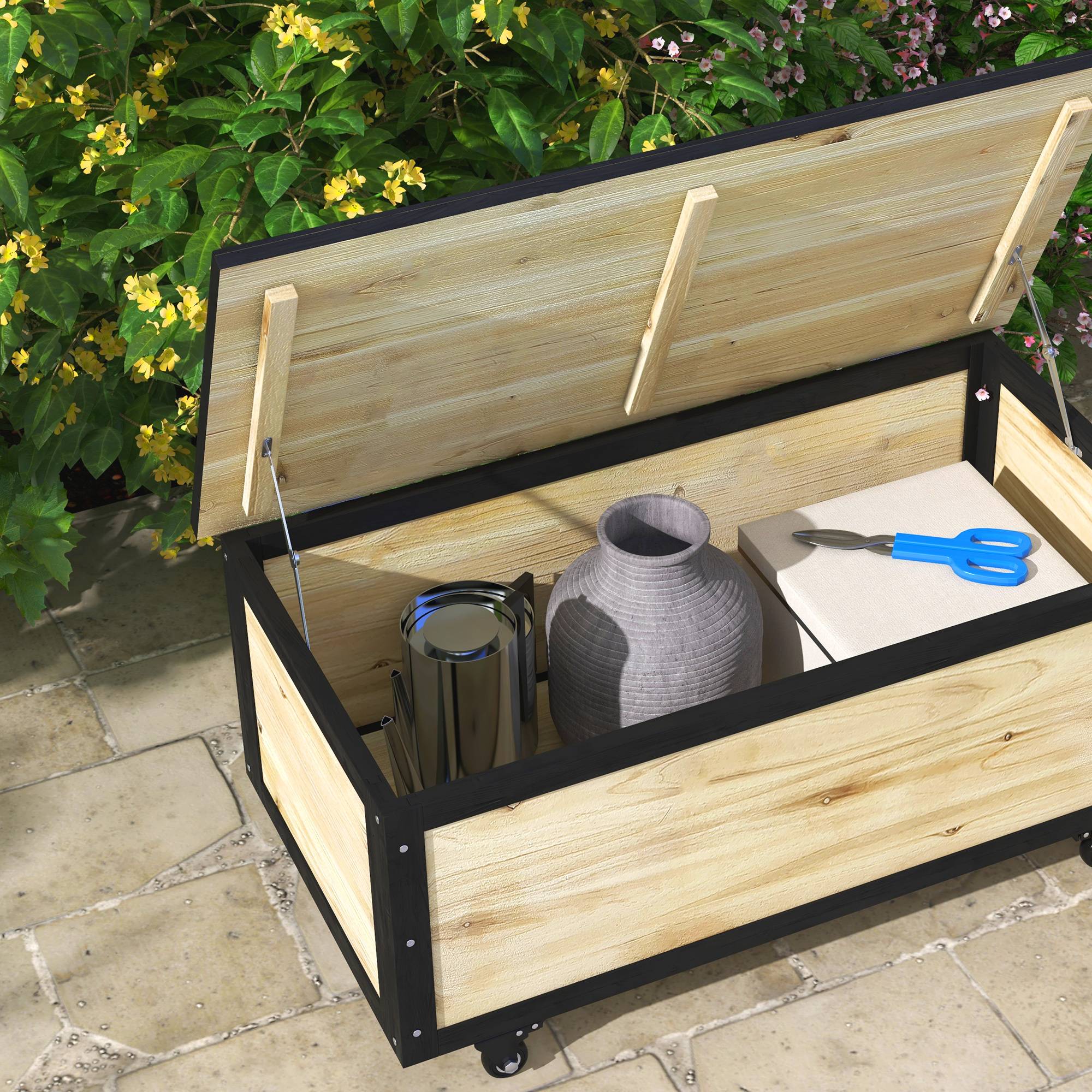 Banc coffre de rangement 121L bois acier terrasse avec roulettes 100x50x43cm - ComfortXL Outdoor Living - Image 9