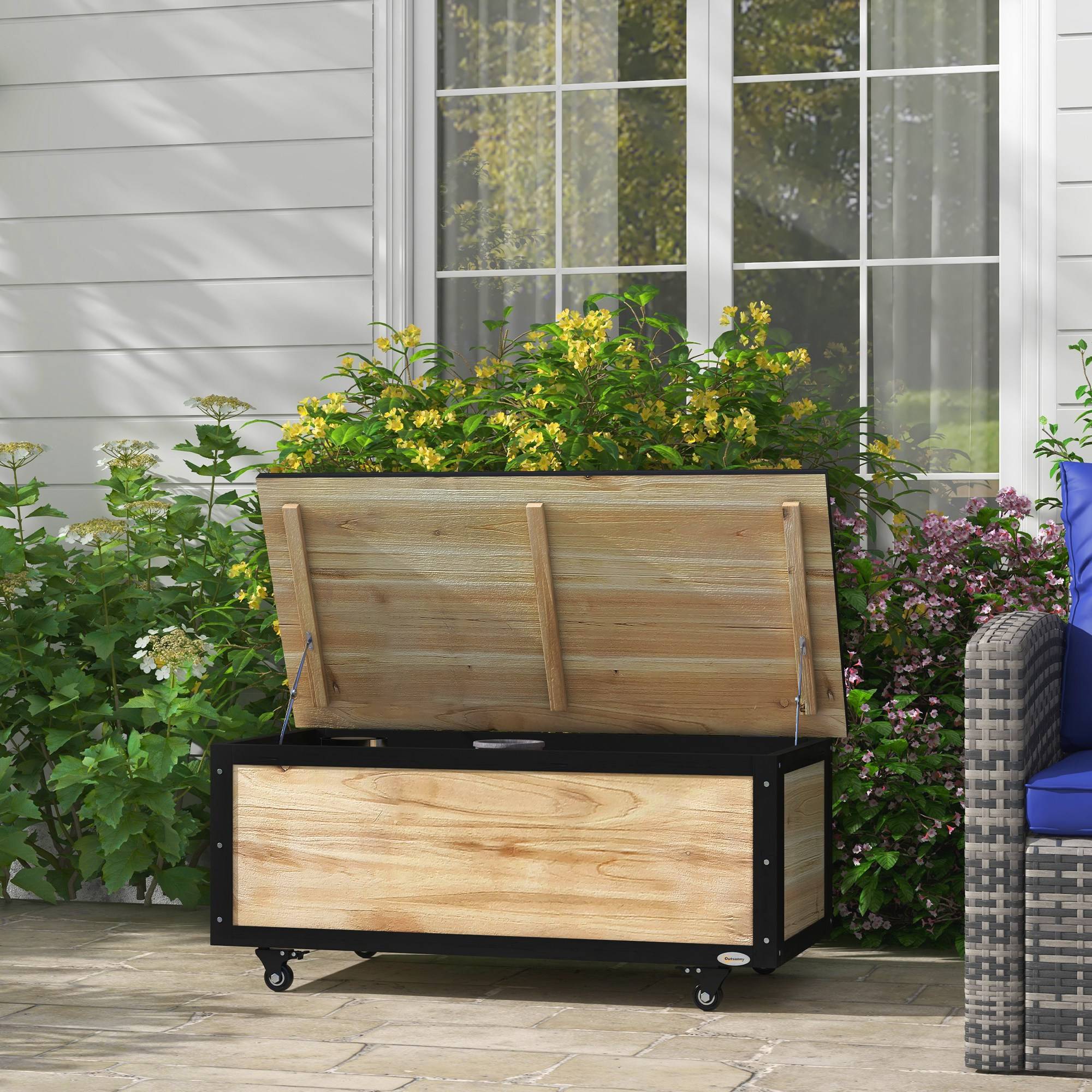 Banc coffre de rangement 121L bois acier terrasse avec roulettes 100x50x43cm - ComfortXL Outdoor Living - Image 4