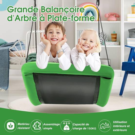 Balançoire nid d'oiseau rectangulaire 155 x 83 cm avec cordes de réglables charge 120kg vert - Image 8
