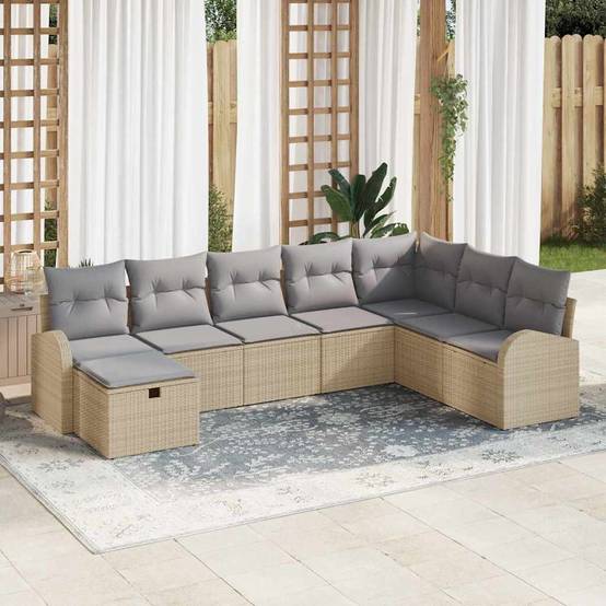 Set Mobilier Extérieur 8 pcs Polyrotin Beige Gris avec Canapés et Rangement pour Patio Spacieux – ComfortXL Outdoor Living - Image 1