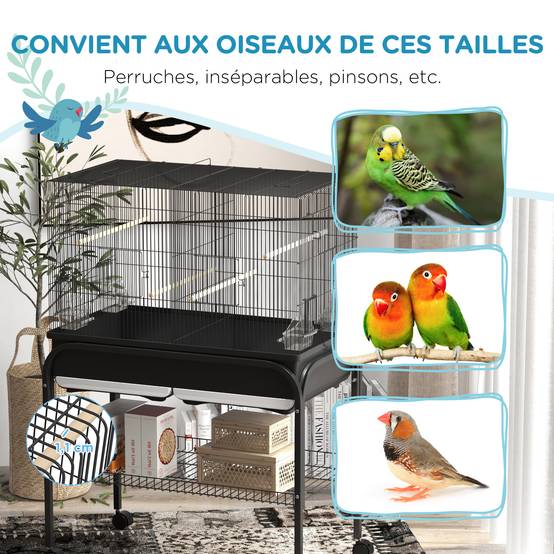 Grande cage oiseaux perroquet acier séparation espace support roulettes 119cm noir - ComfortXL Outdoor Living - Image 8