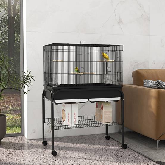 Grande cage oiseaux perroquet acier séparation espace support roulettes 119cm noir - ComfortXL Outdoor Living - Image 4