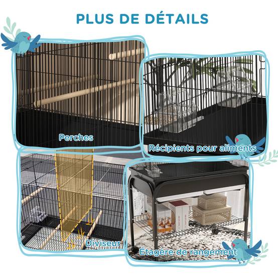 Grande cage oiseaux perroquet acier séparation espace support roulettes 119cm noir - ComfortXL Outdoor Living - Image 9