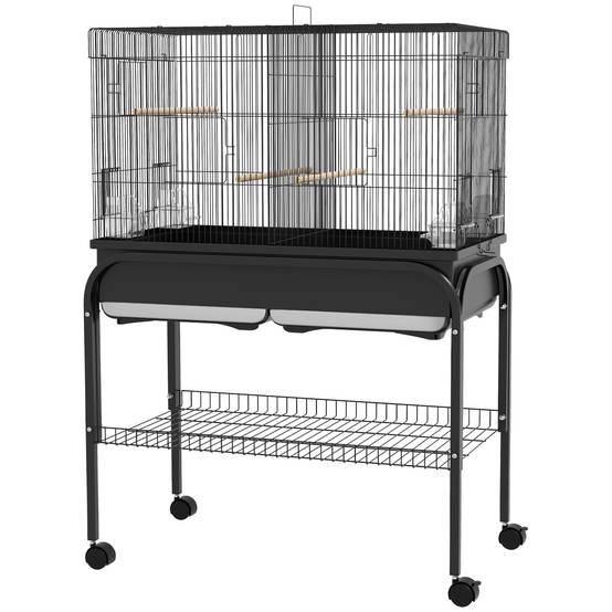 Grande cage oiseaux perroquet acier séparation espace support roulettes 119cm noir - ComfortXL Outdoor Living - Image 2