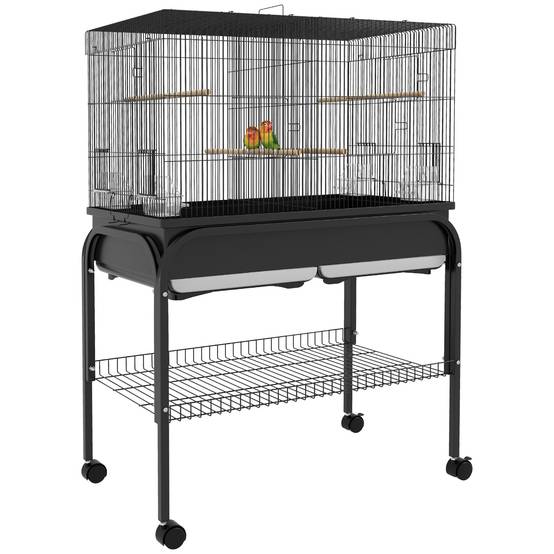 Grande cage oiseaux perroquet acier séparation espace support roulettes 119cm noir - ComfortXL Outdoor Living - Image 1