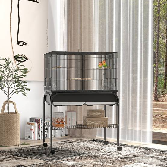 Grande cage oiseaux perroquet acier séparation espace support roulettes 119cm noir - ComfortXL Outdoor Living - Image 3