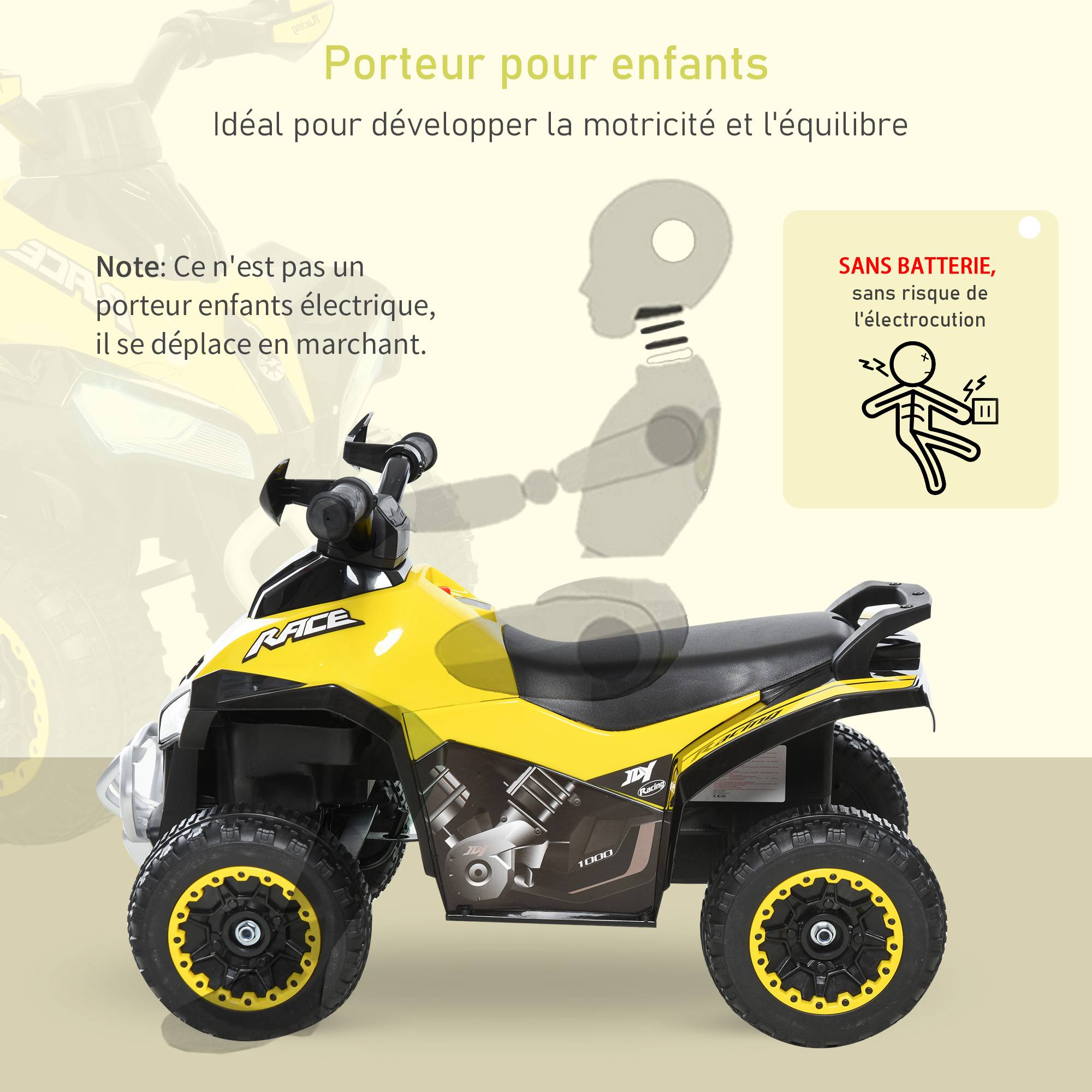 Porteur Enfants SANS Moteur Quad 18-36 Mois dim. 67L x 38l x 44H cm Effets Lumineux et sonores Jaune Noir PAS ÉLECTRIQUE - Image 7