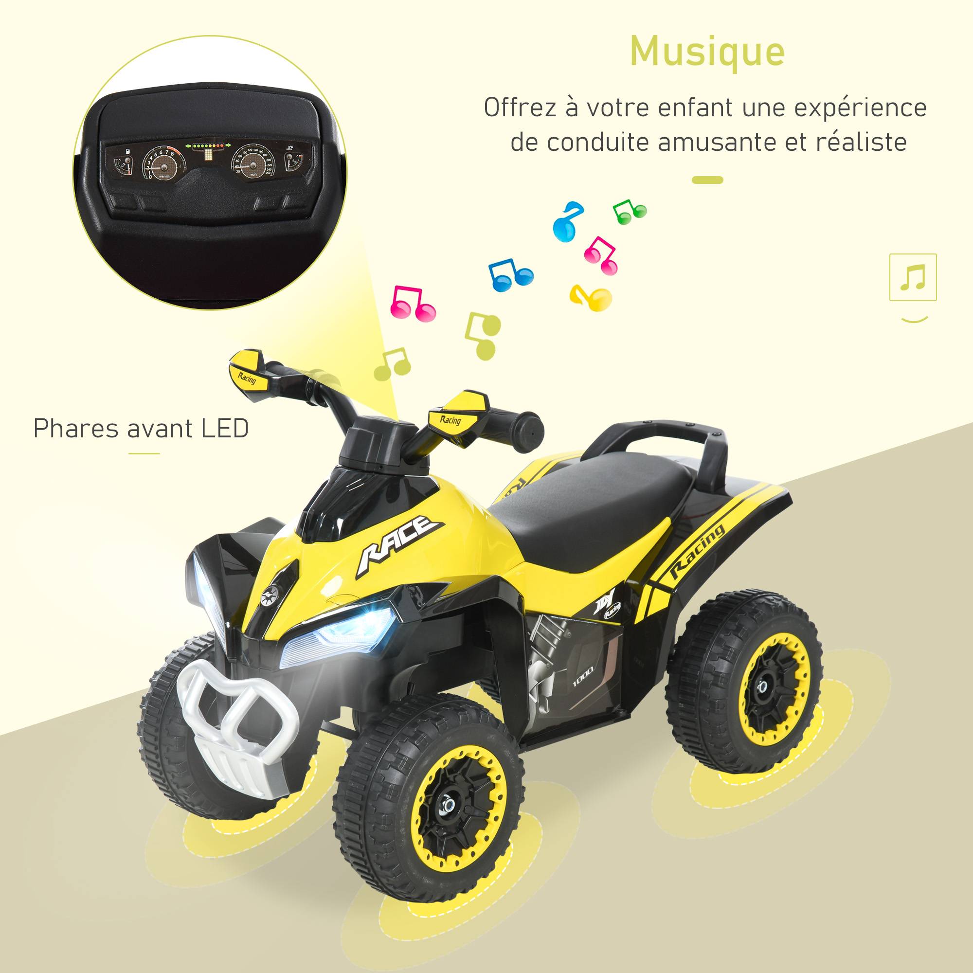 Porteur Enfants SANS Moteur Quad 18-36 Mois dim. 67L x 38l x 44H cm Effets Lumineux et sonores Jaune Noir PAS ÉLECTRIQUE - Image 6