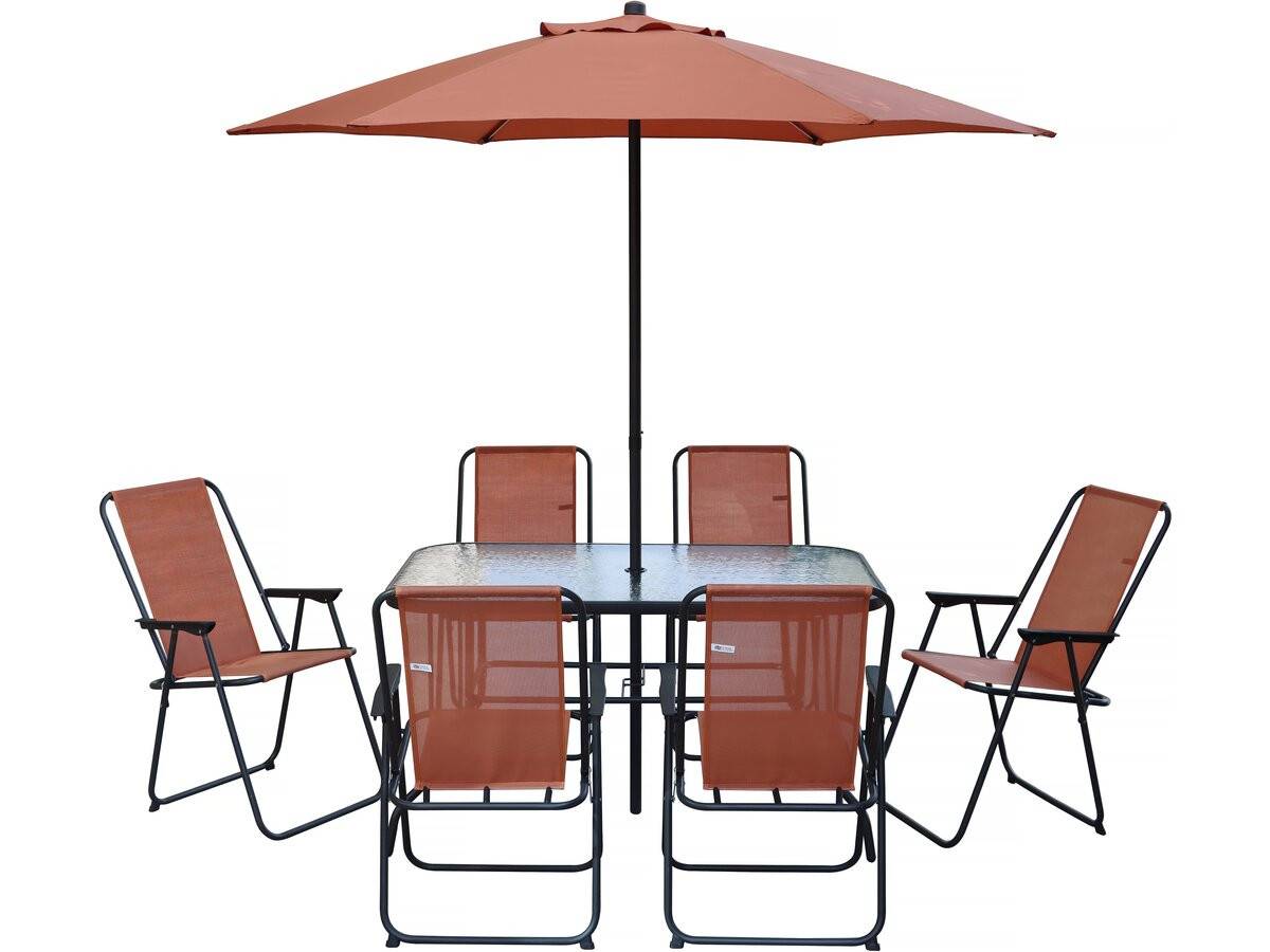 Habitat Et Jardin - Table Et Chaises De Jardin Avec Parasol En Métal "convivia" - 6 Places - Terracotta -habitat Et Jardin