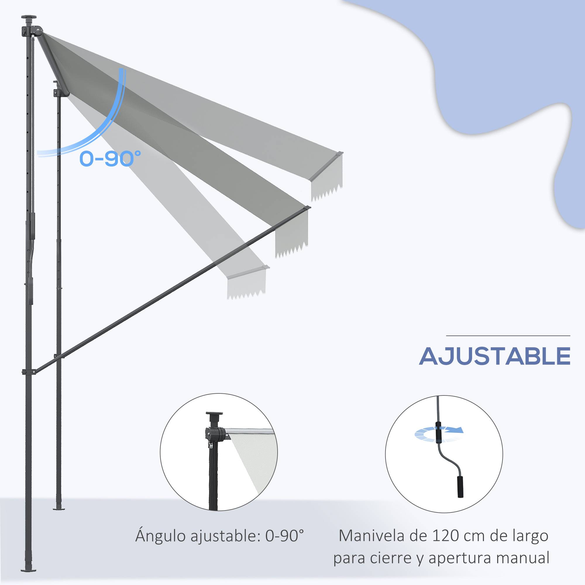 Store banne rétractable manuelle 300 x 175 x 210-310 cm, réglable par manivelle, protection solaire UV40+, gris, pour balcon et terrasse - Image 7