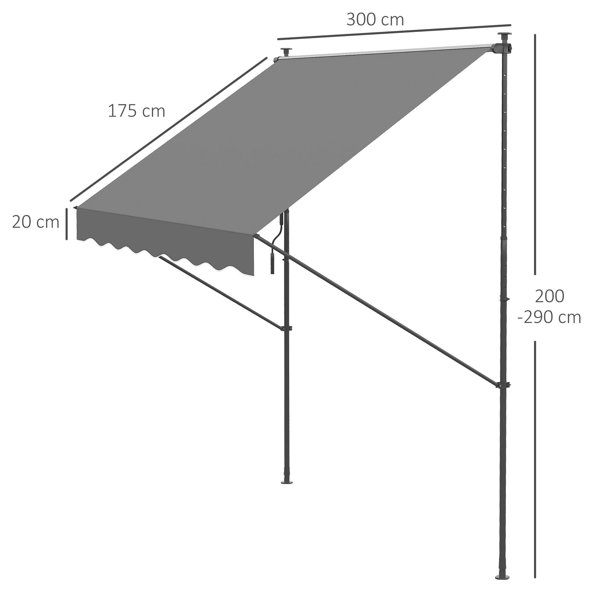 Store banne rétractable manuelle 300 x 175 x 210-310 cm, réglable par manivelle, protection solaire UV40+, gris, pour balcon et terrasse - Image 5