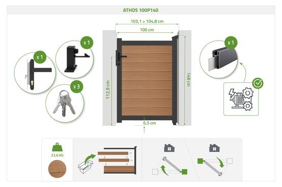Casanoov Portillon bois composite 1m ATHOS H.140cm teck avec cadre aluminium + 2 poteaux EIFEL aluminium 10x10cm 140 x 300 cm Anthracite - Image 2