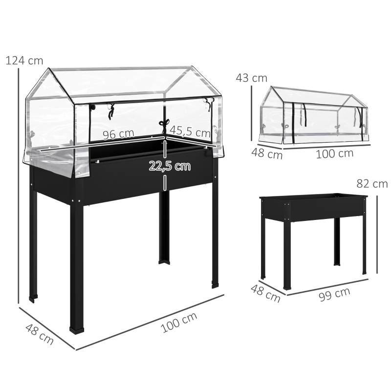 ComfortXL - Carré potager sur pied métal jardin avec serre de protection 100x48x124cm noir - ComfortXL Outdoor Living - Image 3