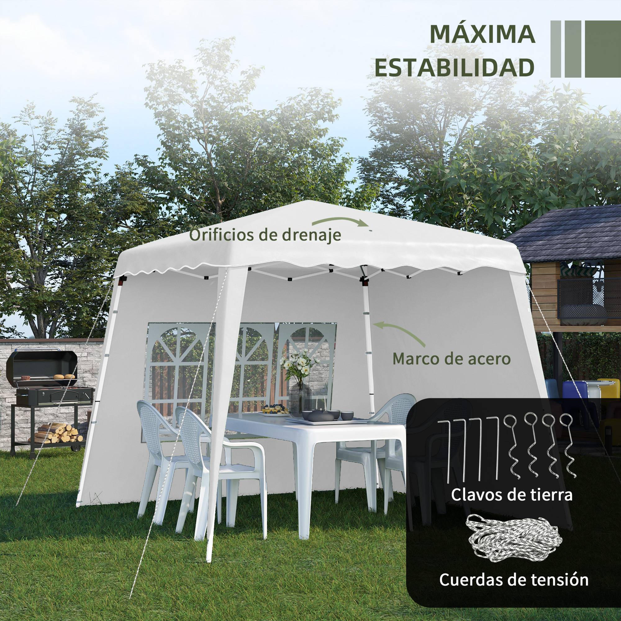 Gazebo pliant avec 2 parois latérales 2,89 x 2,89 m, pavillon de jardin, hauteur réglable, protection UV50+, blanc - Image 9