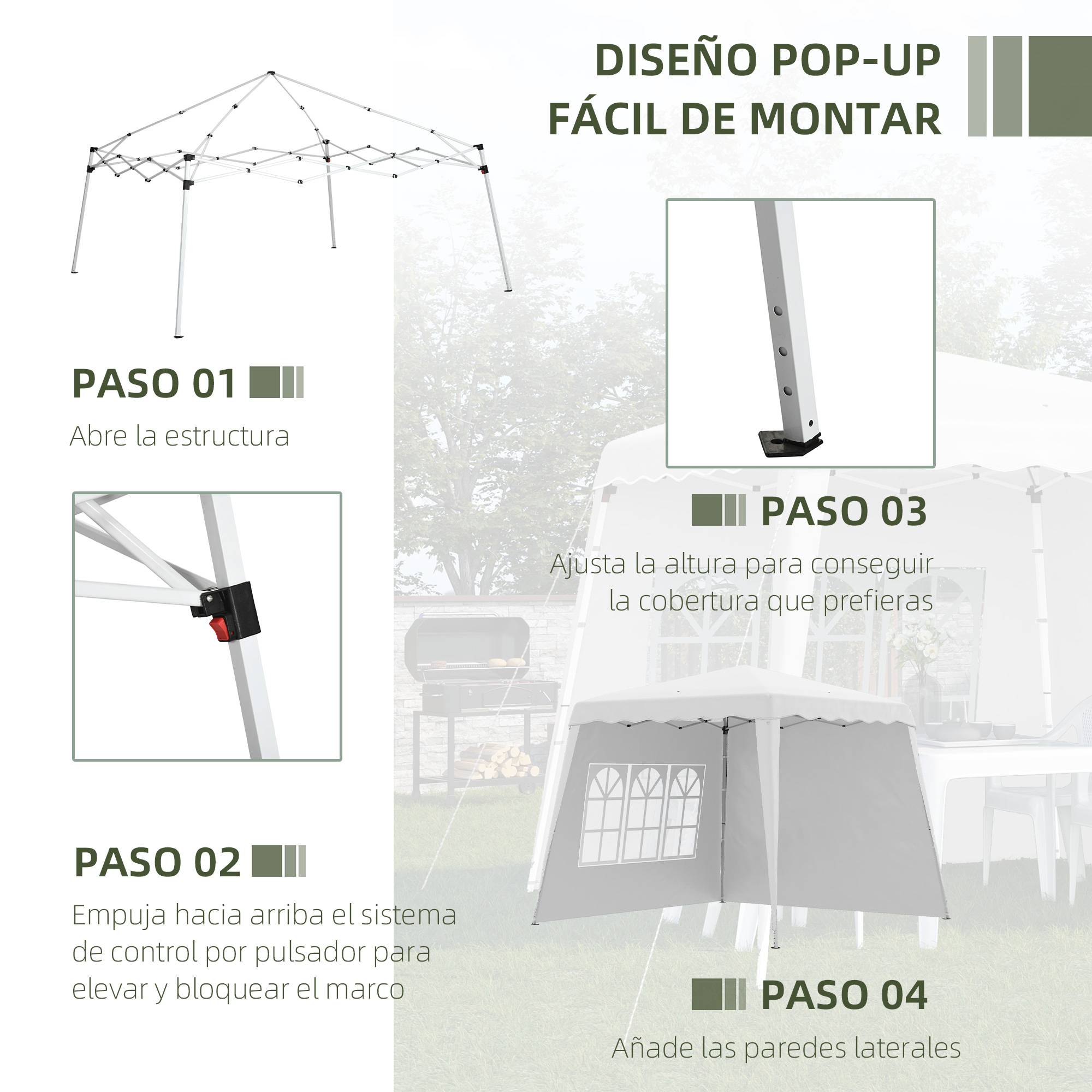 Gazebo pliant avec 2 parois latérales 2,89 x 2,89 m, pavillon de jardin, hauteur réglable, protection UV50+, blanc - Image 7