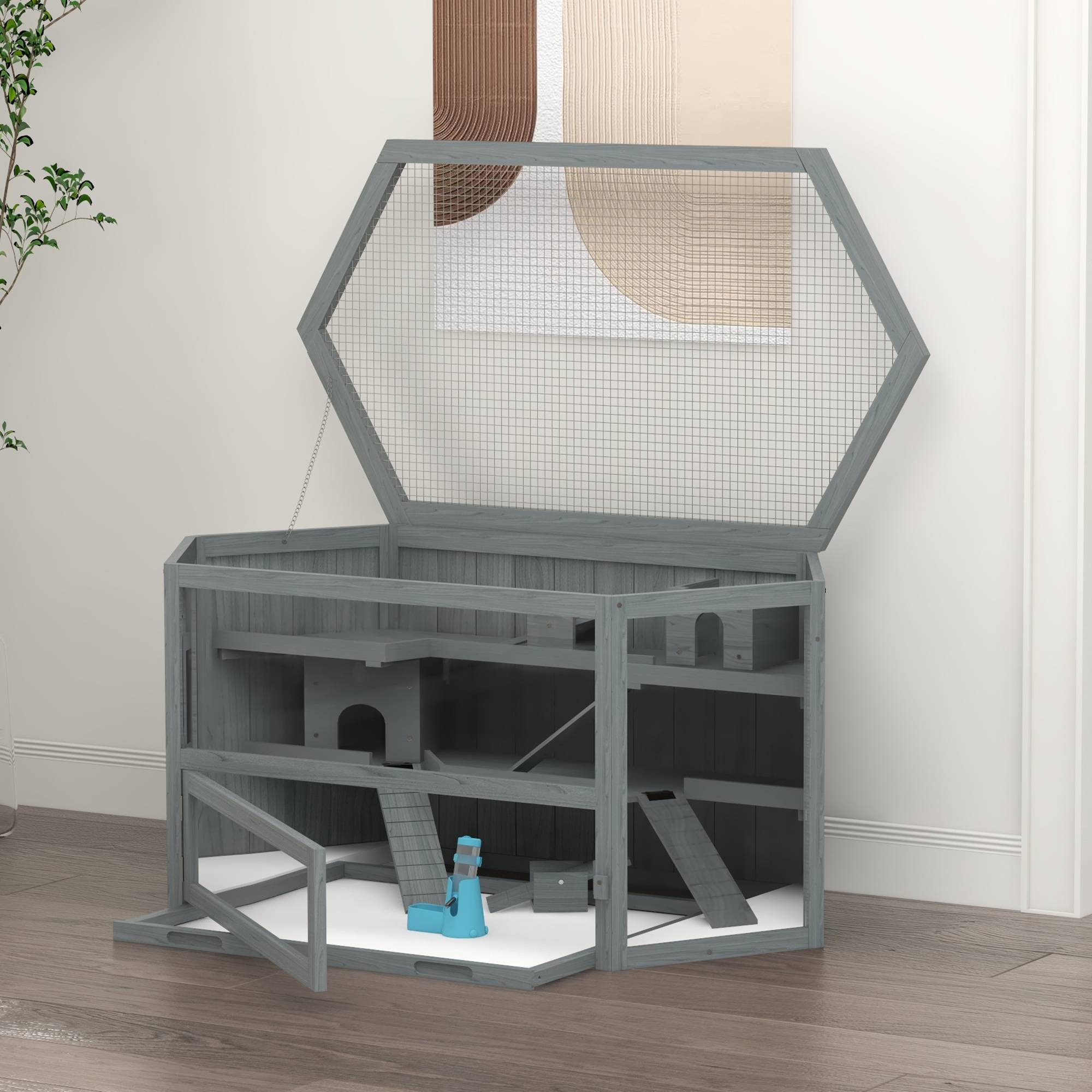Cage Rongeur Hexagonale Bois 3 Niveaux Hamster Souris Toit Ouvrant 115cm Gris - ComfortXL Pet Living - Image 7