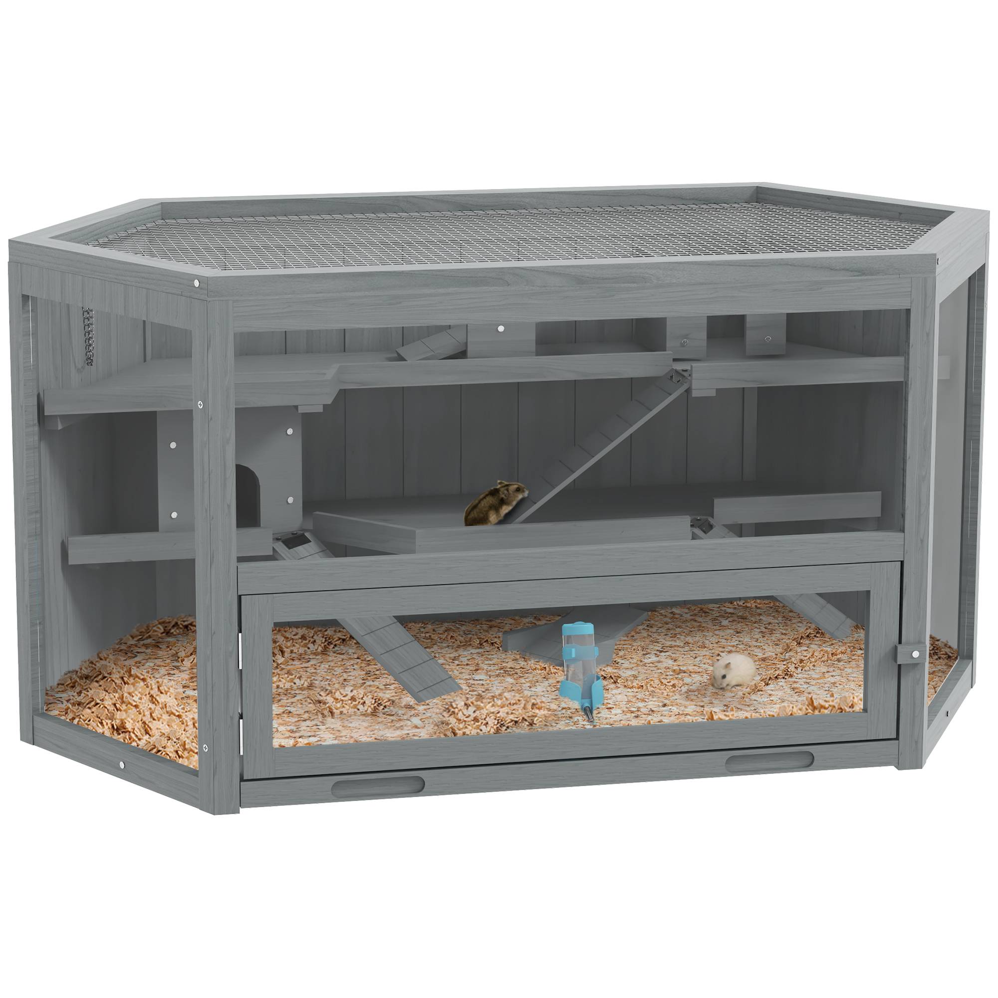 Cage Rongeur Hexagonale Bois 3 Niveaux Hamster Souris Toit Ouvrant 115cm Gris - ComfortXL Pet Living - Image 2