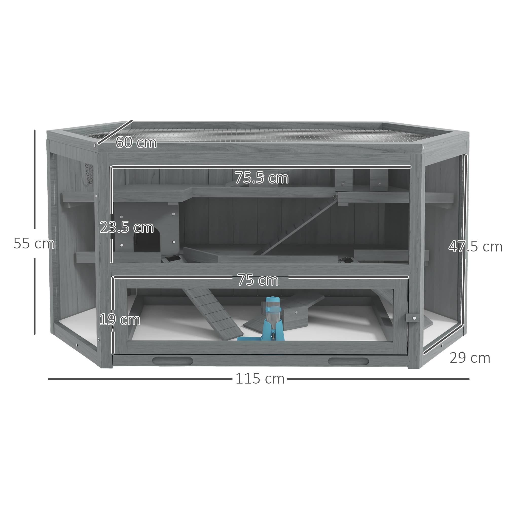 Cage Rongeur Hexagonale Bois 3 Niveaux Hamster Souris Toit Ouvrant 115cm Gris - ComfortXL Pet Living - Image 3