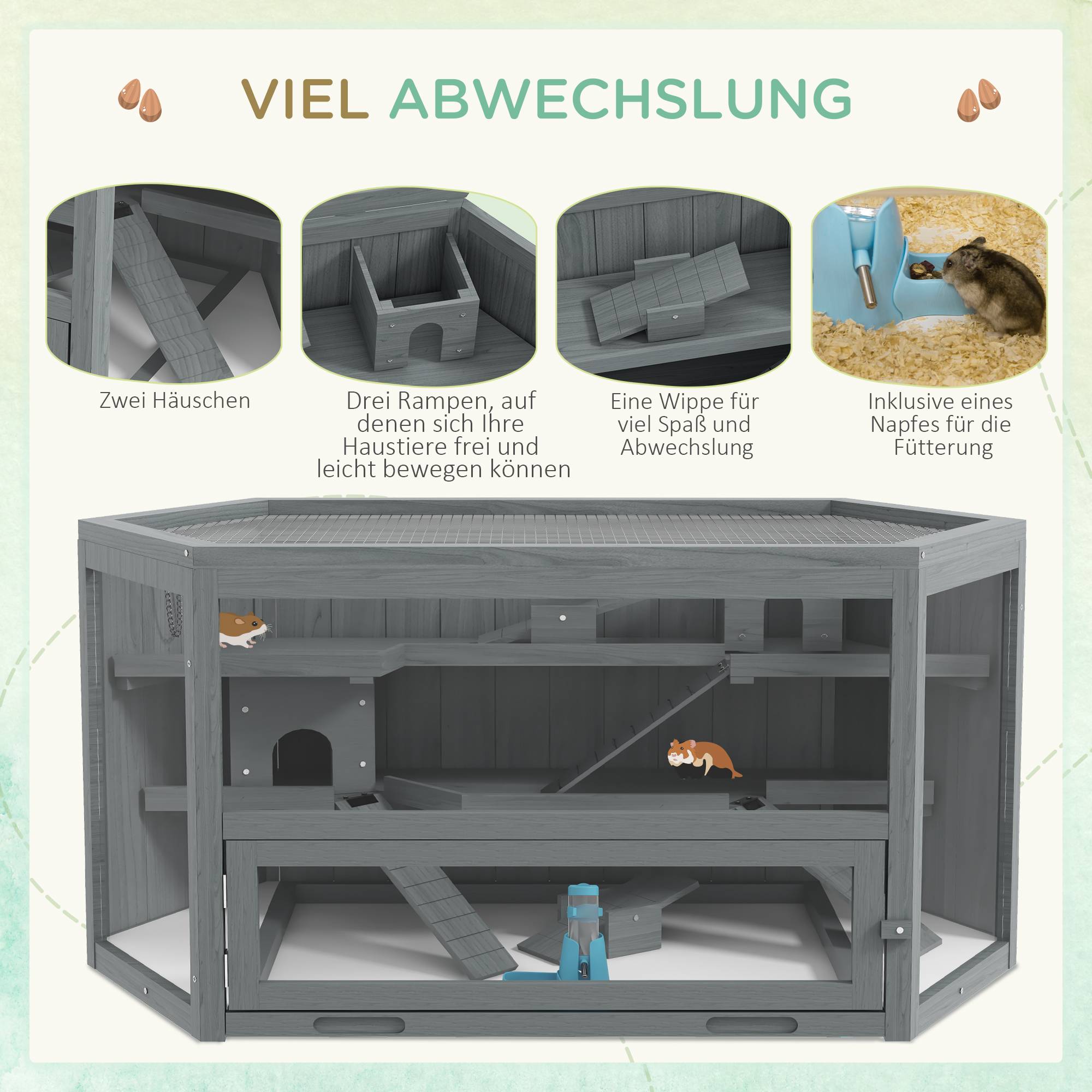 Cage Rongeur Hexagonale Bois 3 Niveaux Hamster Souris Toit Ouvrant 115cm Gris - ComfortXL Pet Living - Image 4