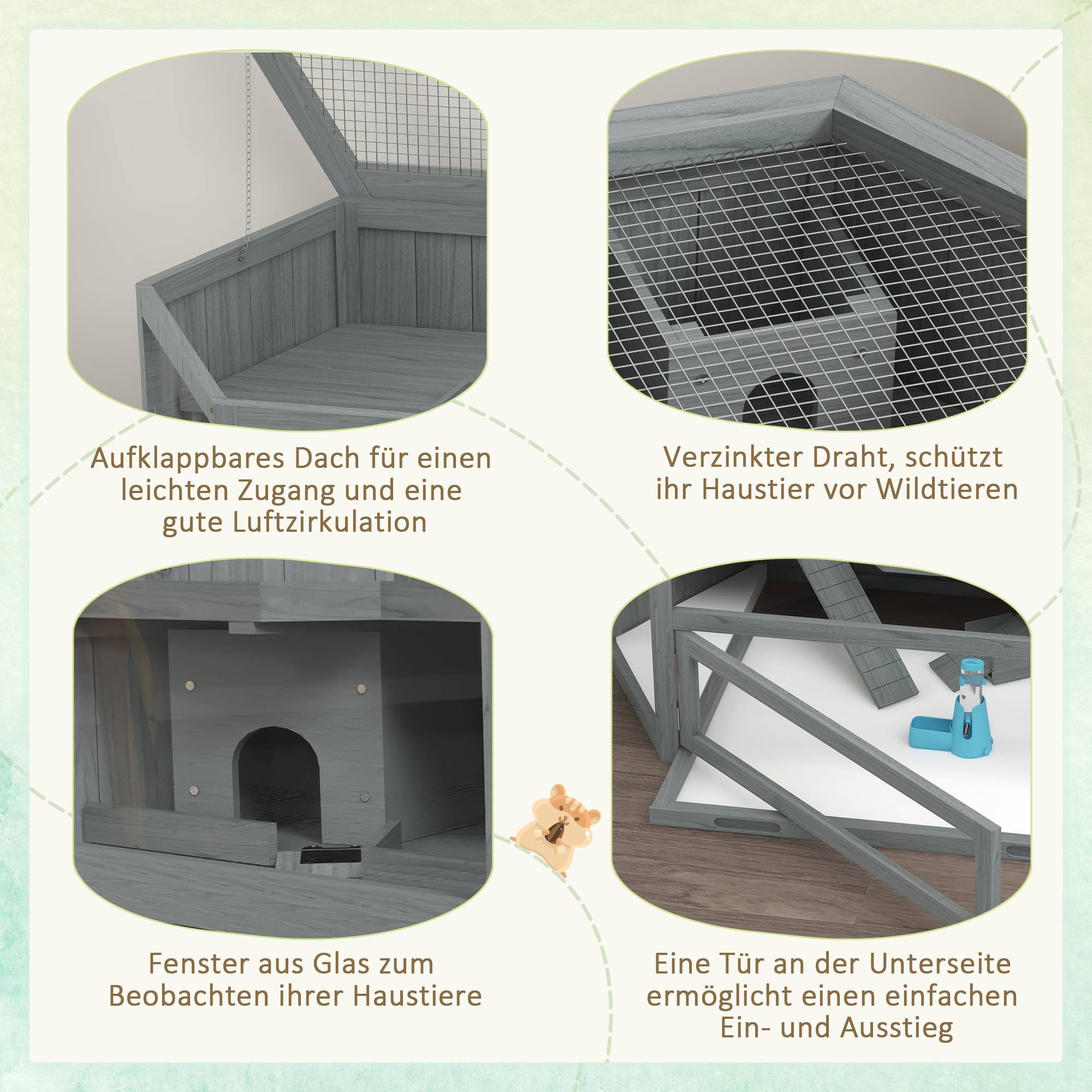 Cage Rongeur Hexagonale Bois 3 Niveaux Hamster Souris Toit Ouvrant 115cm Gris - ComfortXL Pet Living - Image 5