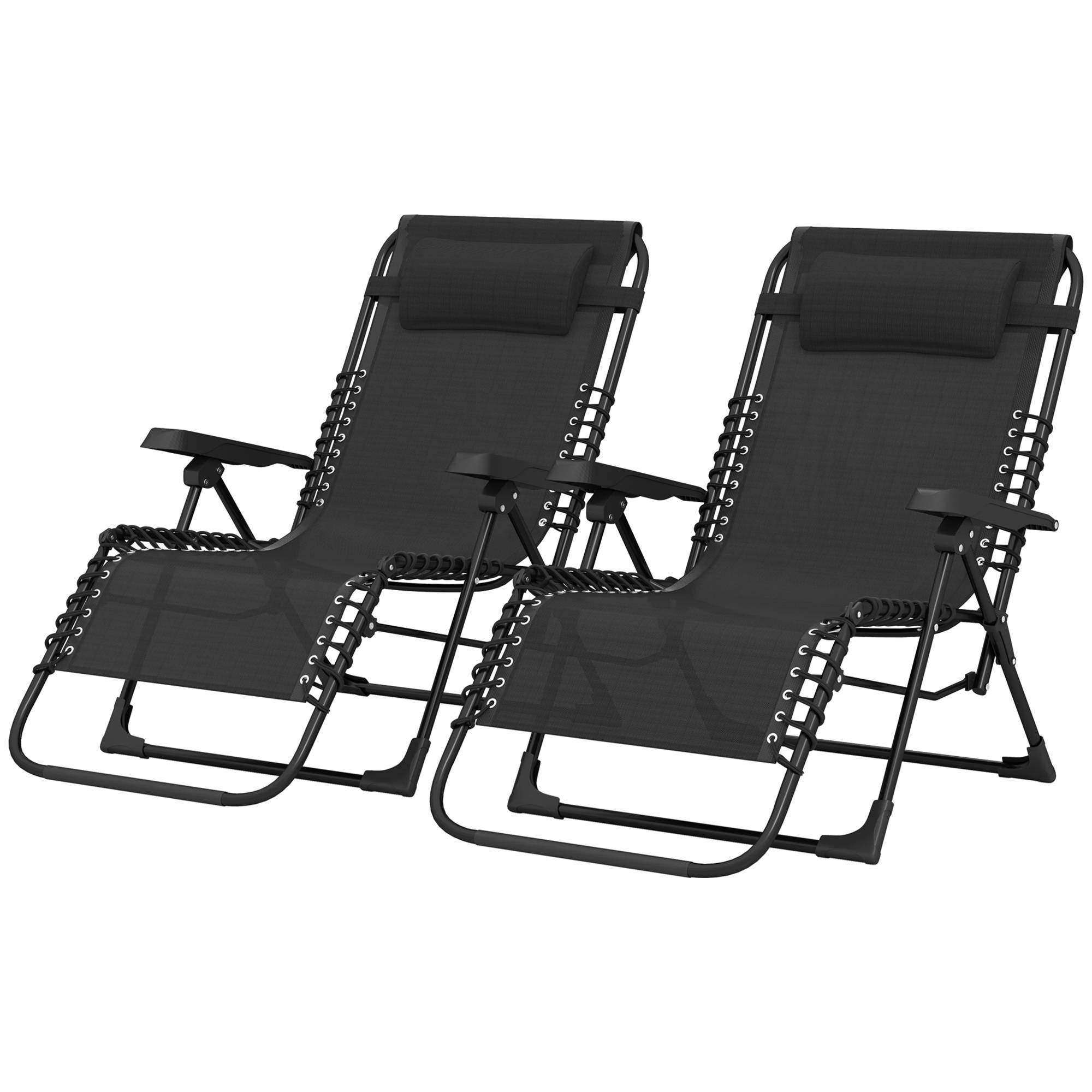 Lot de 2 bain de soleil, chaise longue pliante inclinable avec appuie-tête, 90x65x112cm Noir fr77 - Image 2