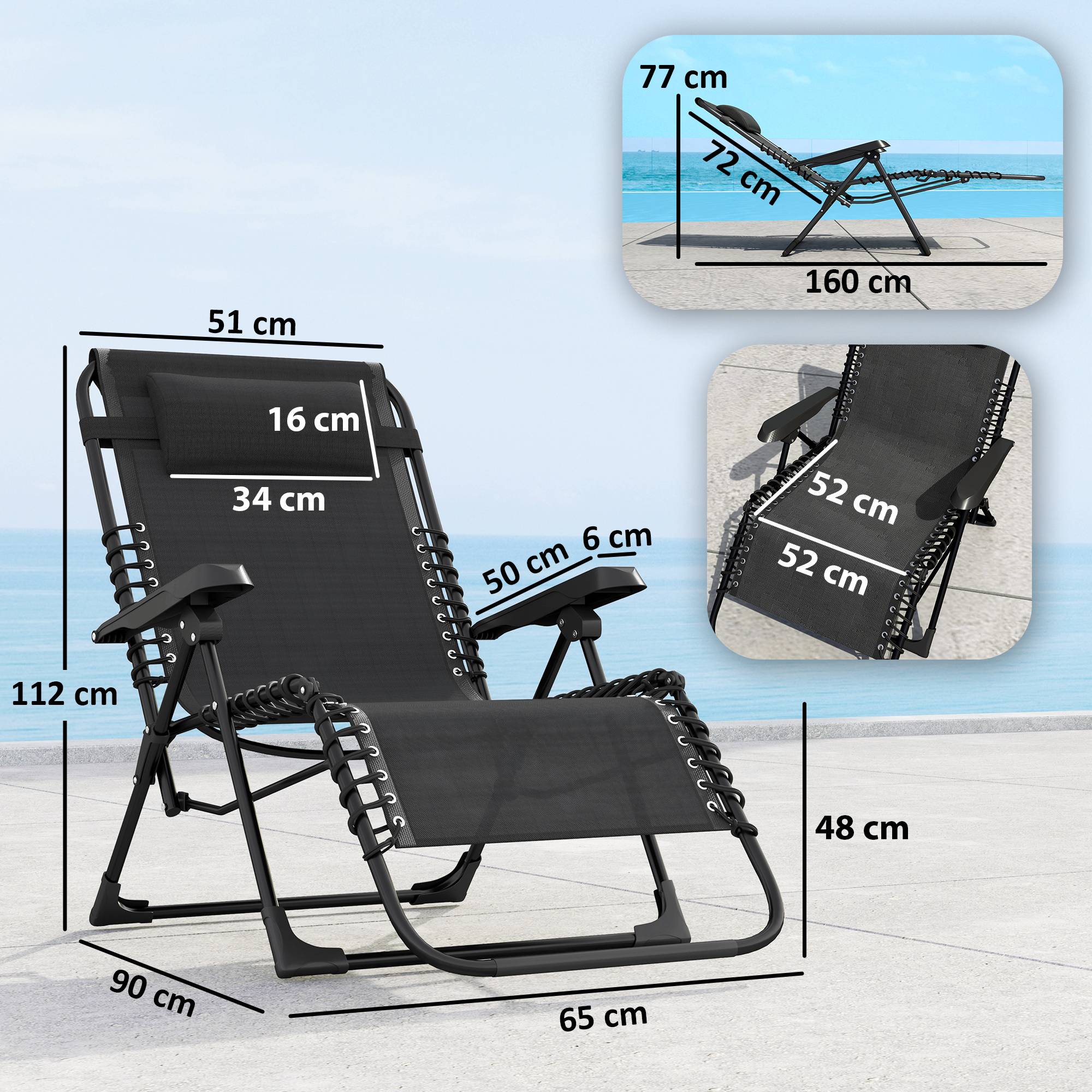 Lot de 2 bain de soleil, chaise longue pliante inclinable avec appuie-tête, 90x65x112cm Noir fr77 - Image 5