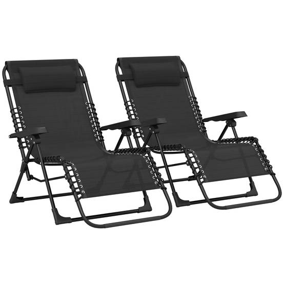 Lot de 2 bain de soleil, chaise longue pliante inclinable avec appuie-tête, 90x65x112cm Noir fr77 - Image 1