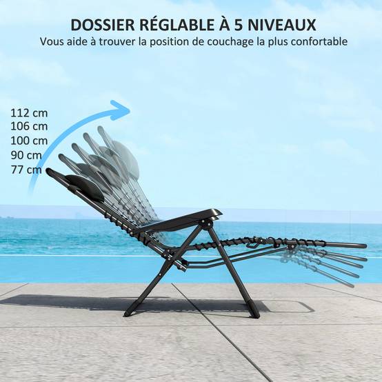 Lot de 2 bain de soleil, chaise longue pliante inclinable avec appuie-tête, 90x65x112cm Noir fr77 - Image 6