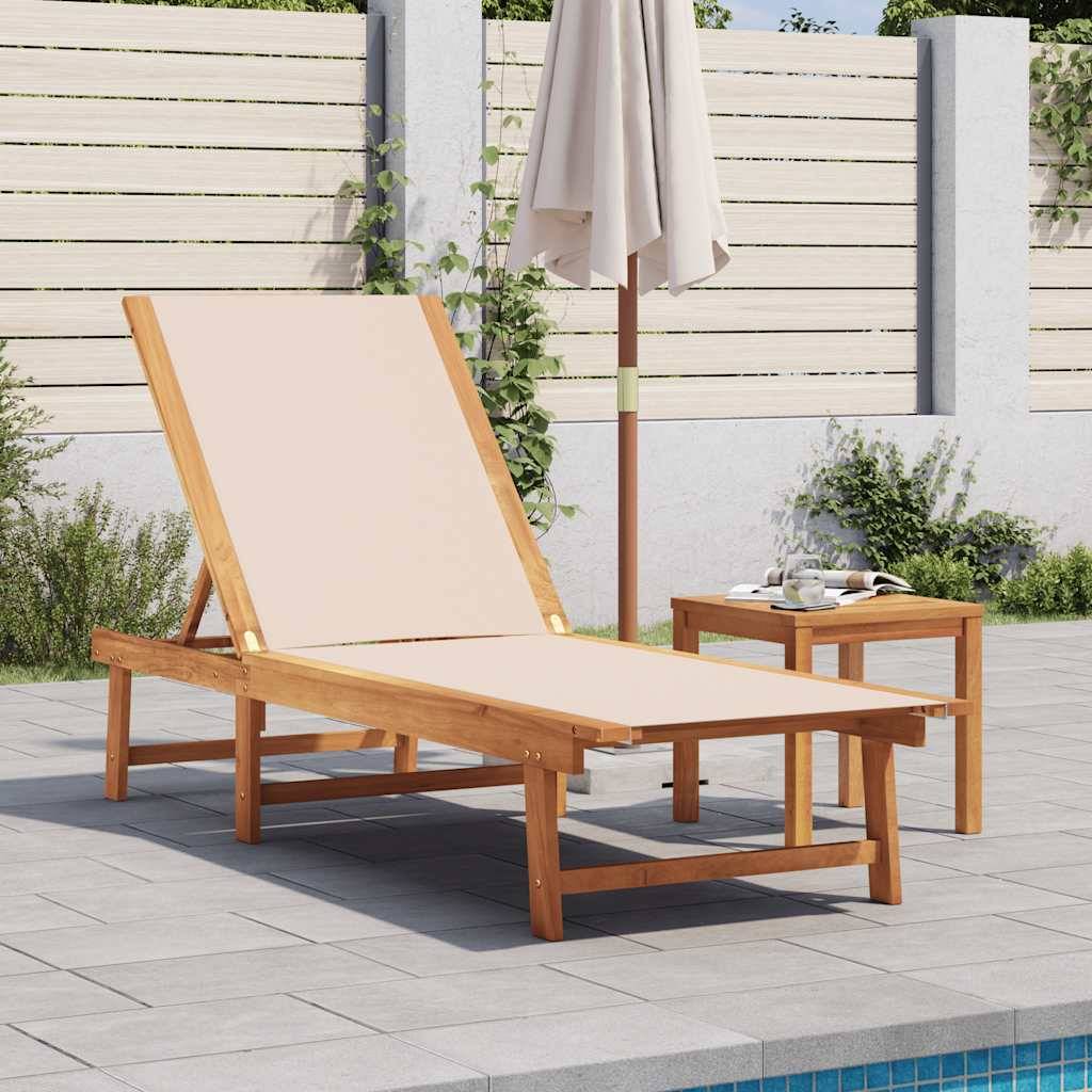 Chaise longue | Transat | Bain de soleil crème bois d'acacia solide et textilène - Image 2