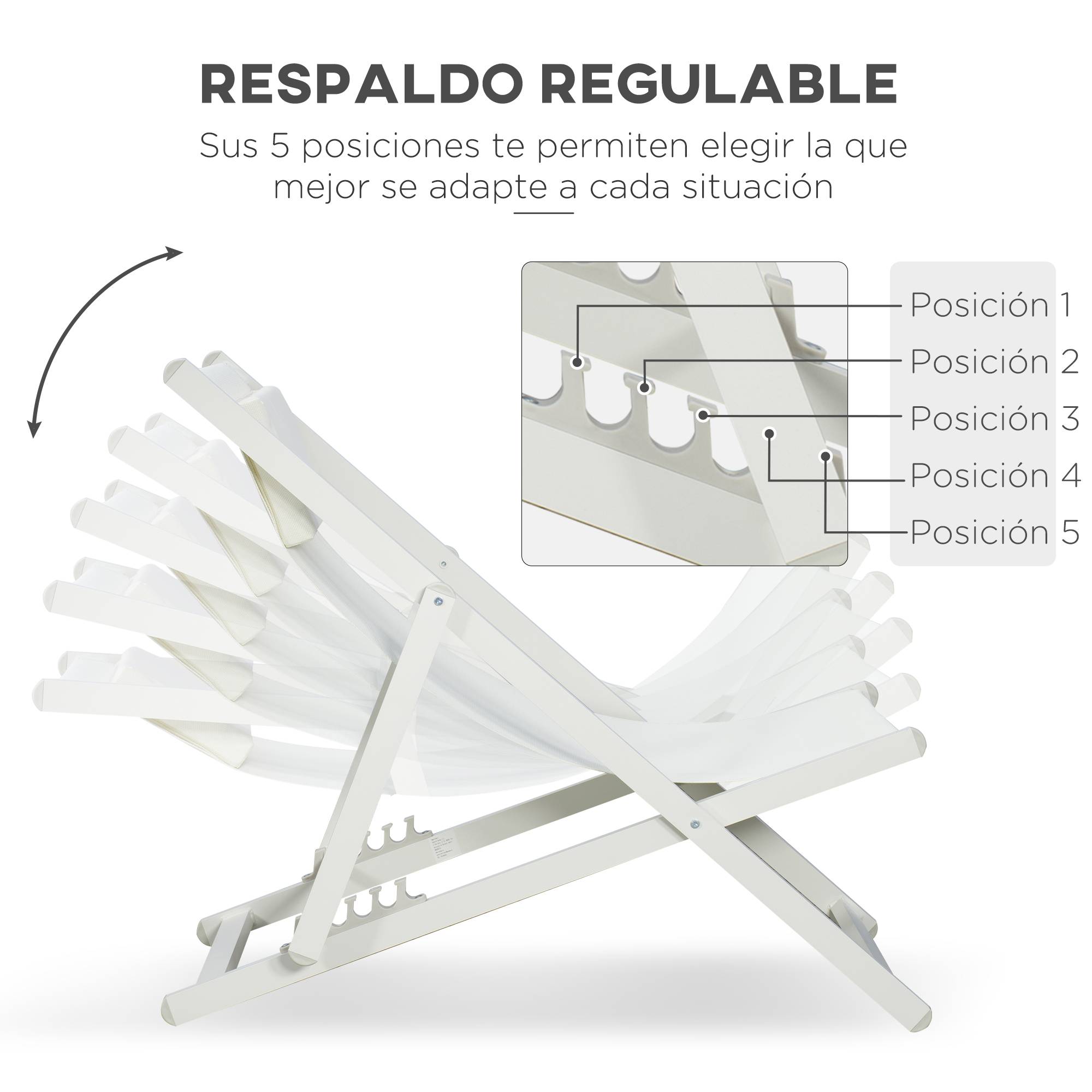 Ensemble de 2 chaises longues pliantes en aluminium avec dossier et appui-tête réglables sur 5 positions, 60 x 100 x 85 cm, blanc - Image 7