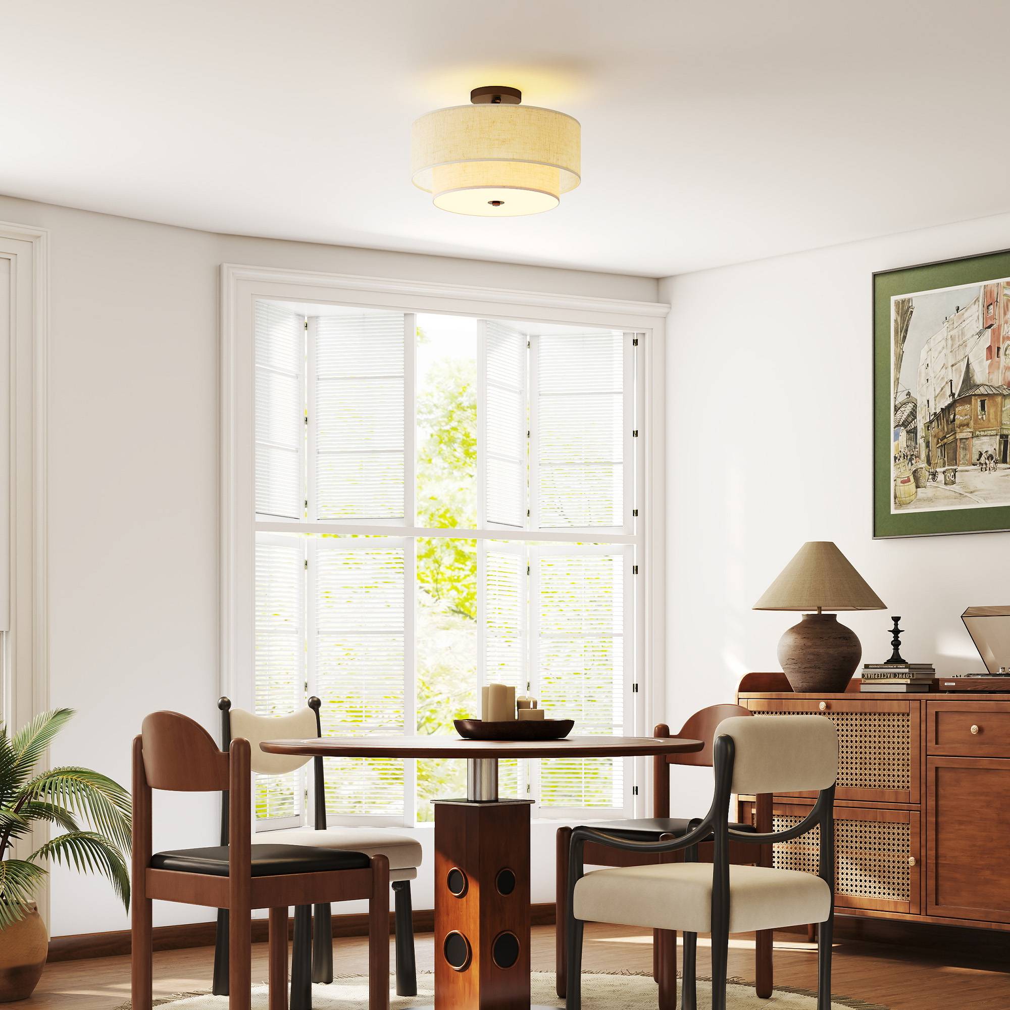 Sans Marque - Plafonnier suspension double abat-jour aspect lin blanc crème - Image 4