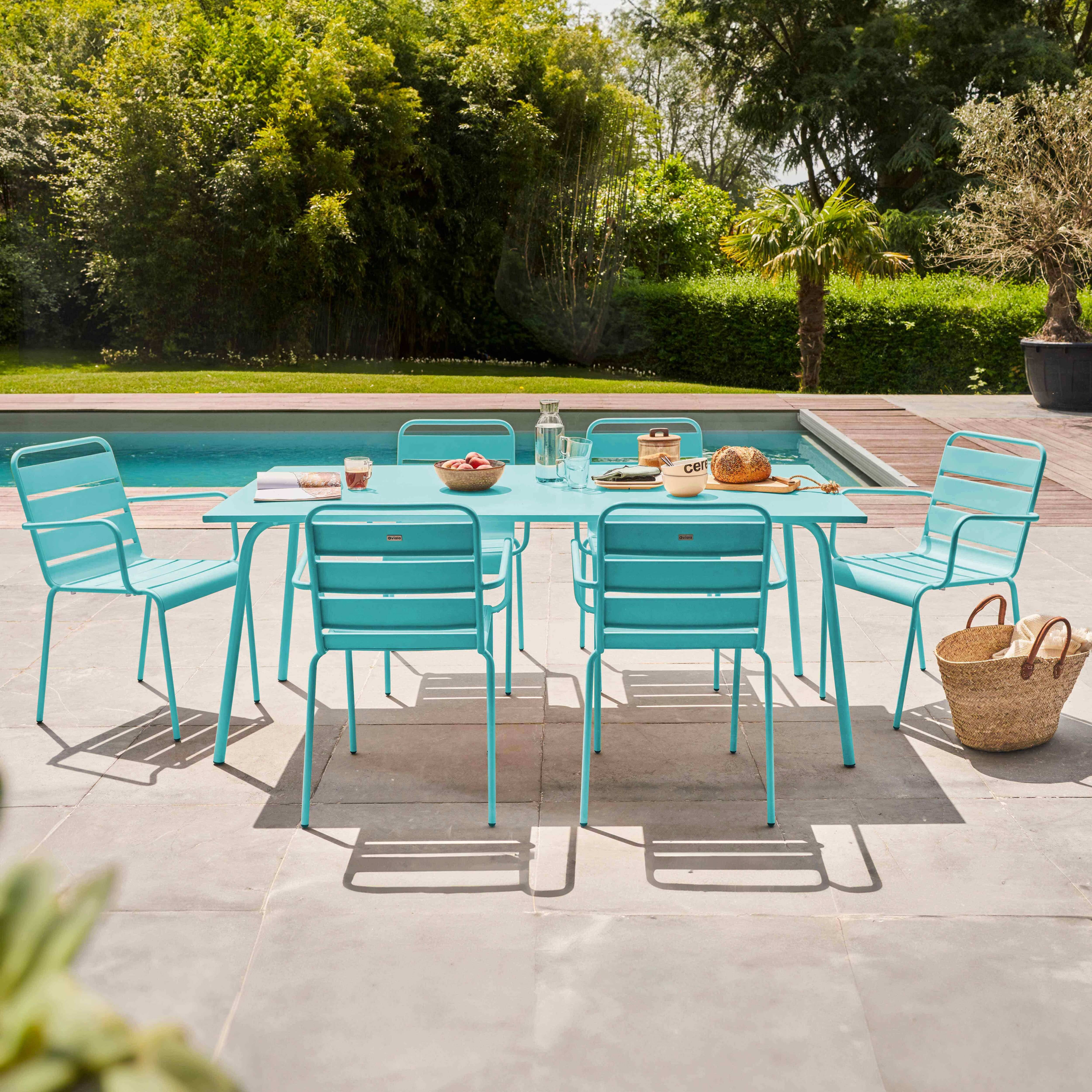 Oviala - Ensemble table de jardin et 6 fauteuils en métal turquoise Palavas - Oviala - Image 2
