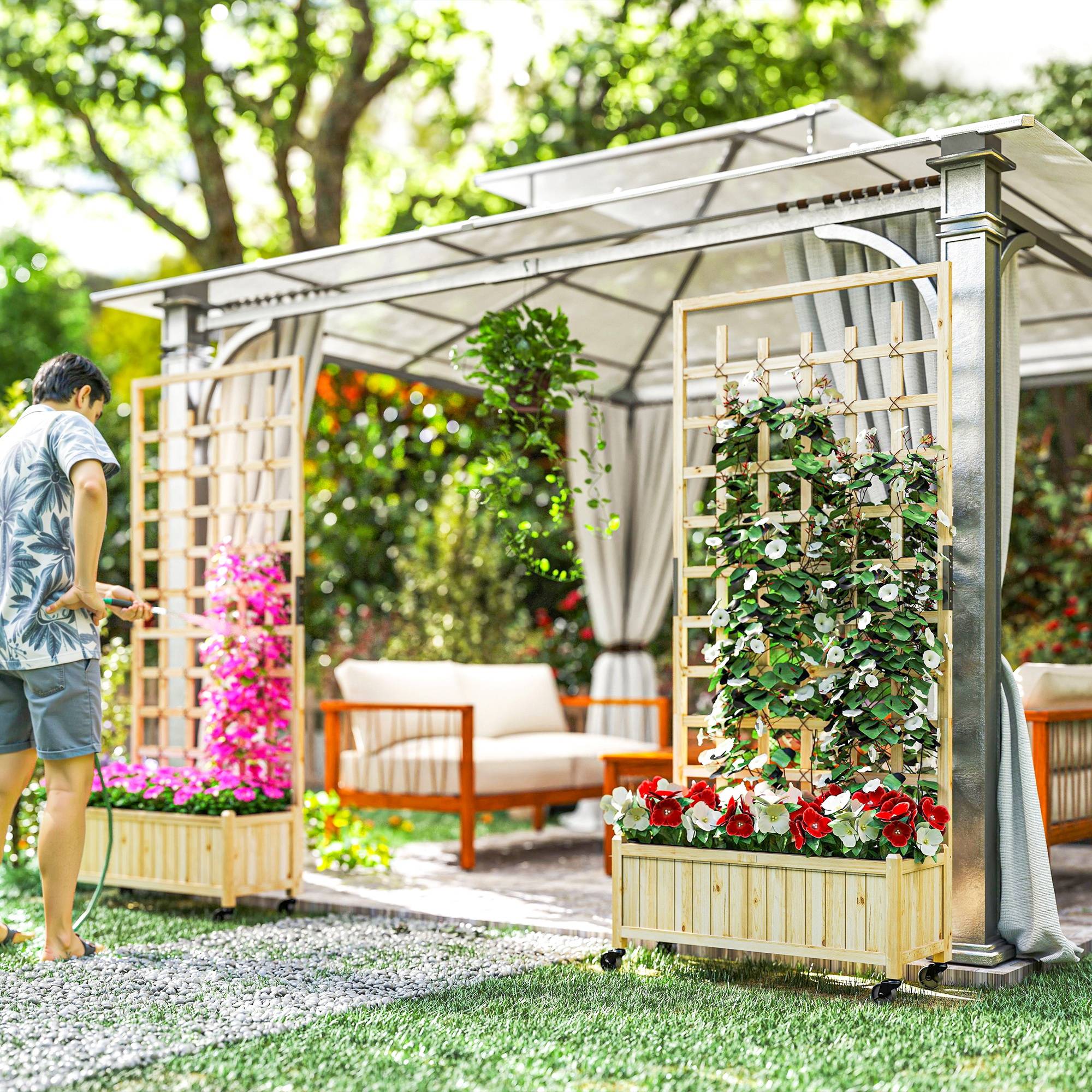 Jardinière roues treillis bois sapin extérieur grimpantes 82,5x35x186cm naturel - ComfortXL Outdoor Living - Image 10
