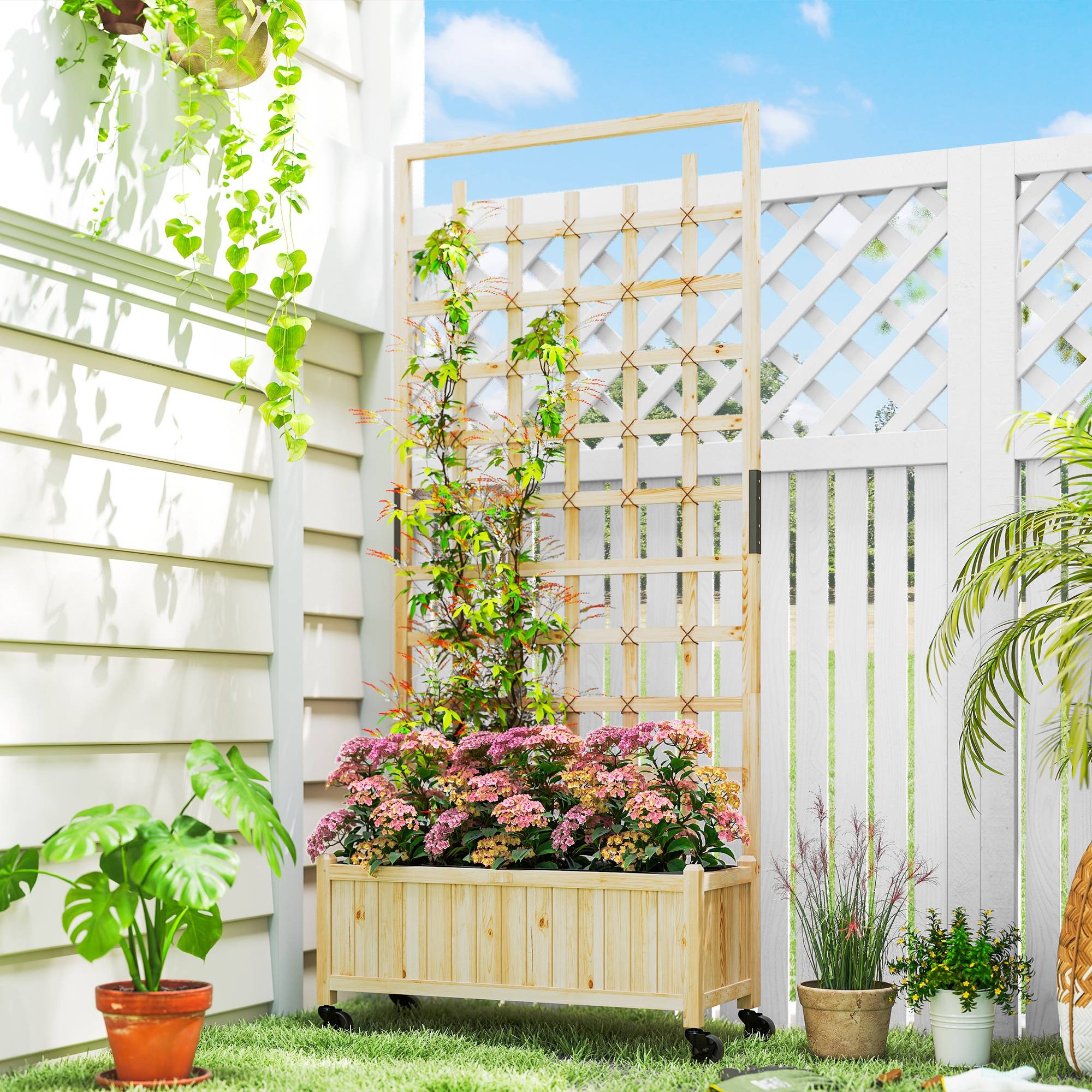 Jardinière roues treillis bois sapin extérieur grimpantes 82,5x35x186cm naturel - ComfortXL Outdoor Living - Image 3