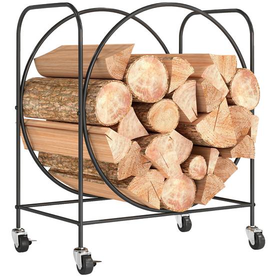Porte-bûches en métal avec roulettes pour cheminée, utilisable à l'intérieur et à l'extérieur, 51 x 30 x 60 cm, noir - Image 1