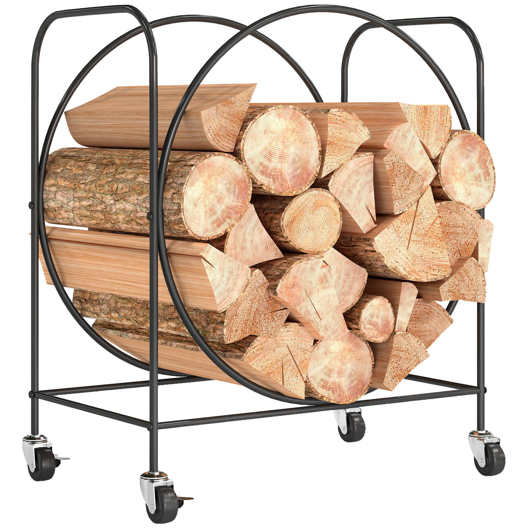 Porte-bûches en métal avec roulettes pour cheminée, utilisable à l'intérieur et à l'extérieur, 51 x 30 x 60 cm, noir - Image 1