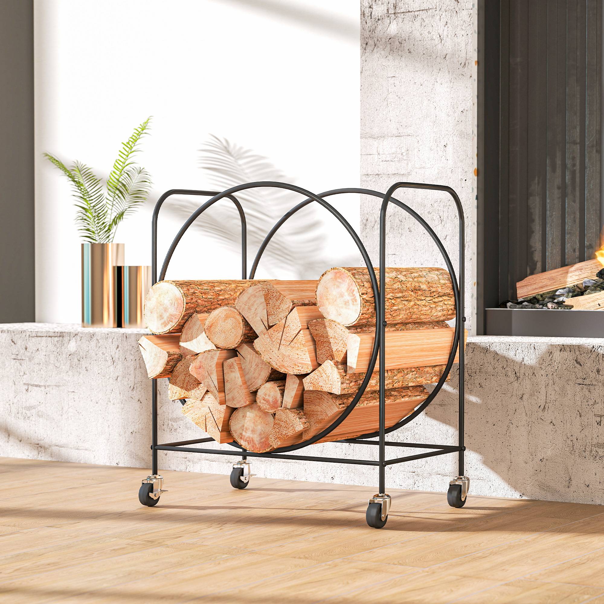 Porte-bûches en métal avec roulettes pour cheminée, utilisable à l'intérieur et à l'extérieur, 51 x 30 x 60 cm, noir - Image 9