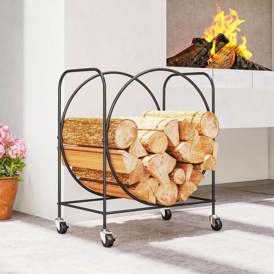 Porte-bûches en métal avec roulettes pour cheminée, utilisable à l'intérieur et à l'extérieur, 51 x 30 x 60 cm, noir - Image 4